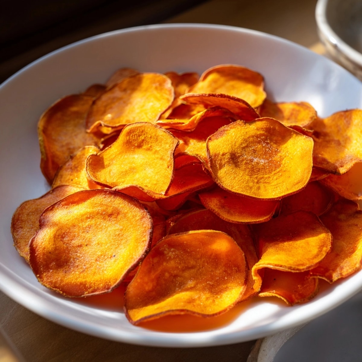 Crisp Air Fryer Sweet Potato Chips, seasoned with smoked paprika for a sweet and savory treat.