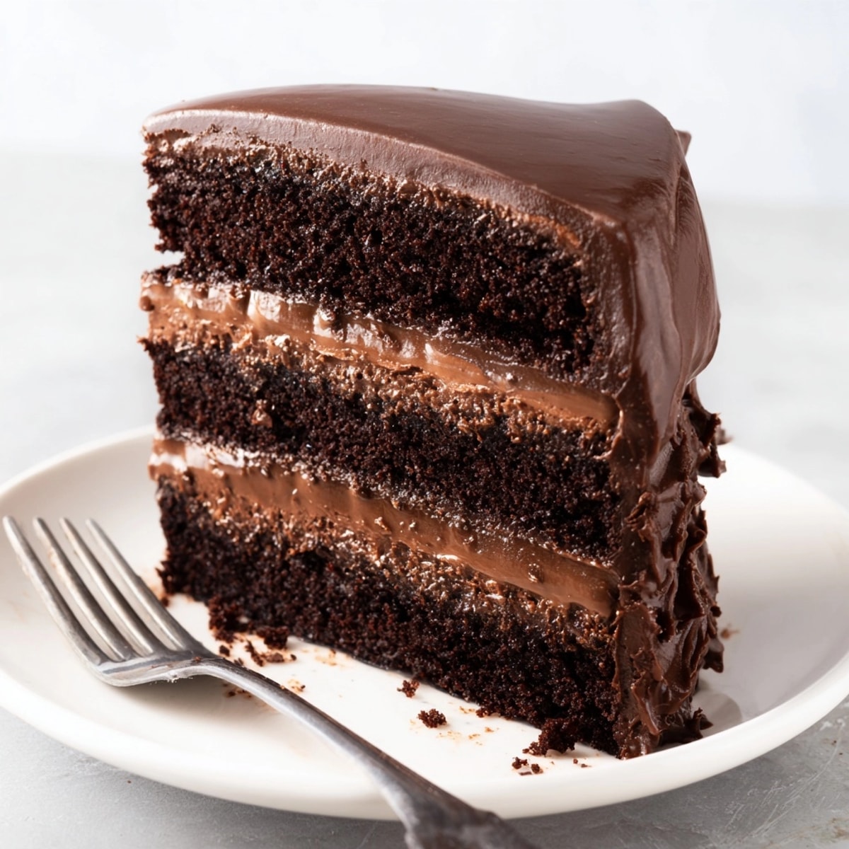 Close-up of decadent chocolate ganache cake slice, glistening with rich, dark ganache.