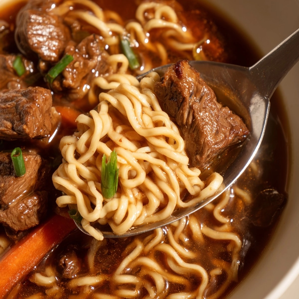 Hearty One-Pot Beef Ramen, ready to eat, packed with savory smells and colorful ingredients.