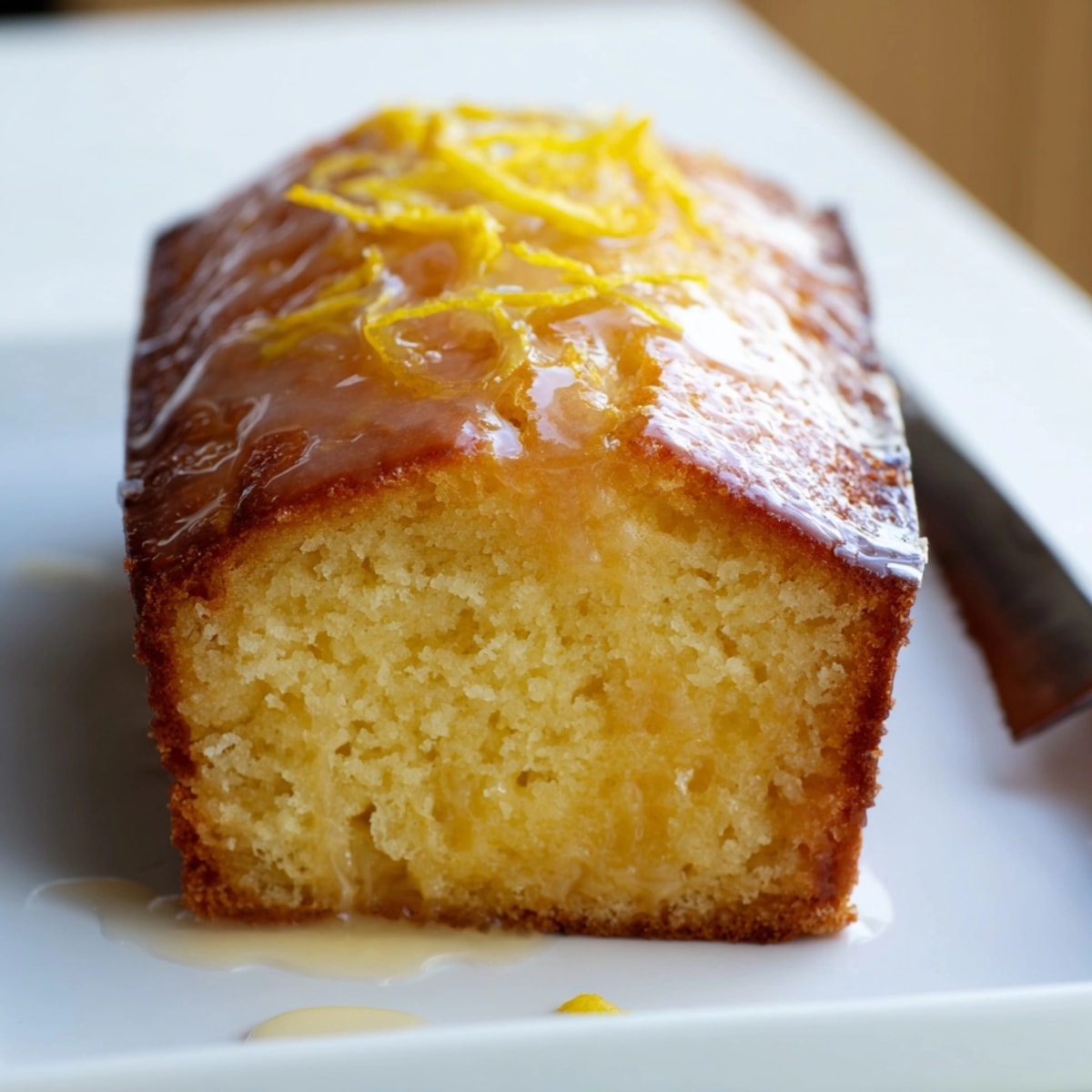 Moist Lemon Drizzle Cake: golden crust glistens with tangy lemon syrup, invitingly fresh.