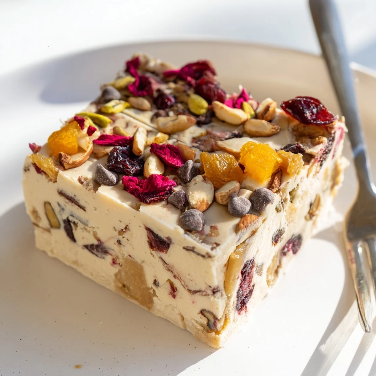 Decadent Charcuterie Board Sugar Cookie Fudge topped with colorful dried fruits and nuts.  