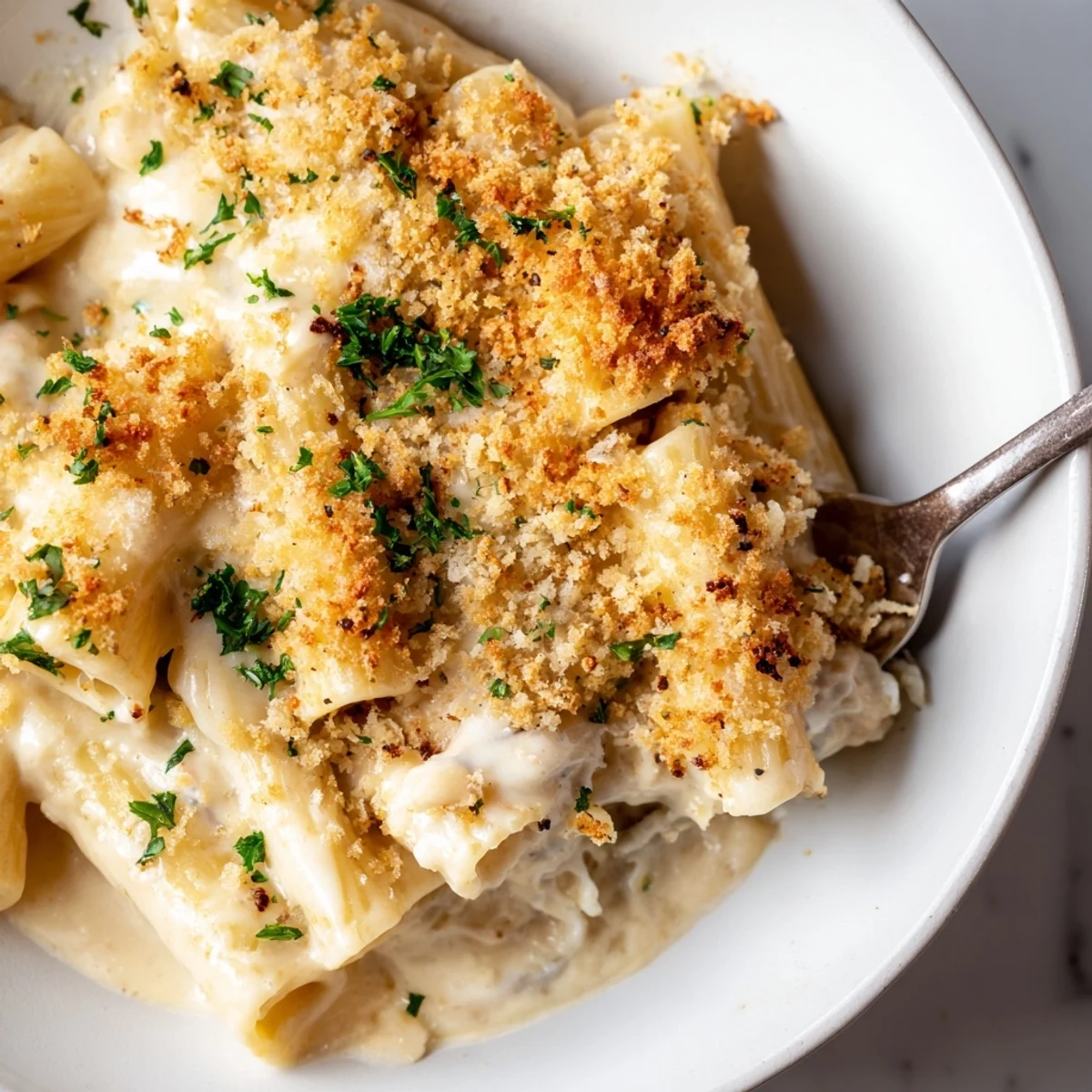 Savory Miso Maple Pasta Bake topped with crispy panko and melted cheese.  