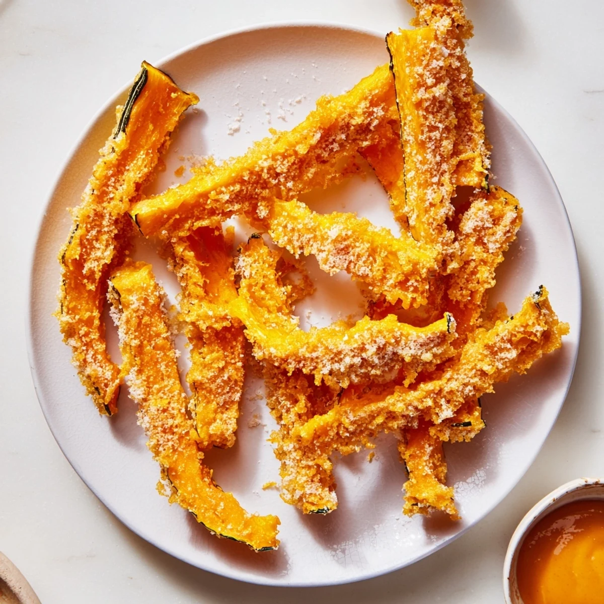 Crispy tempura pumpkin fries sprinkled with sea salt, perfect for sharing or snacking.  