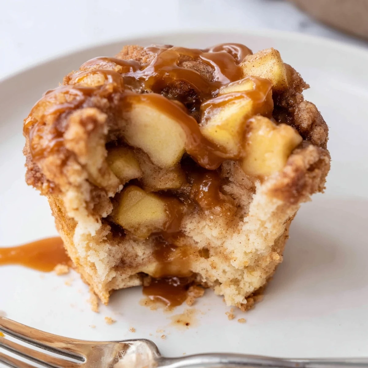 Soft Caramel Apple Cinnamon Roll Muffins topped with gooey caramel for breakfast delight.
