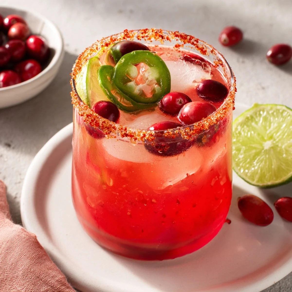 Refreshing Spicy Thanksgiving Mocktail Margarita served with fresh lime and cranberries.  