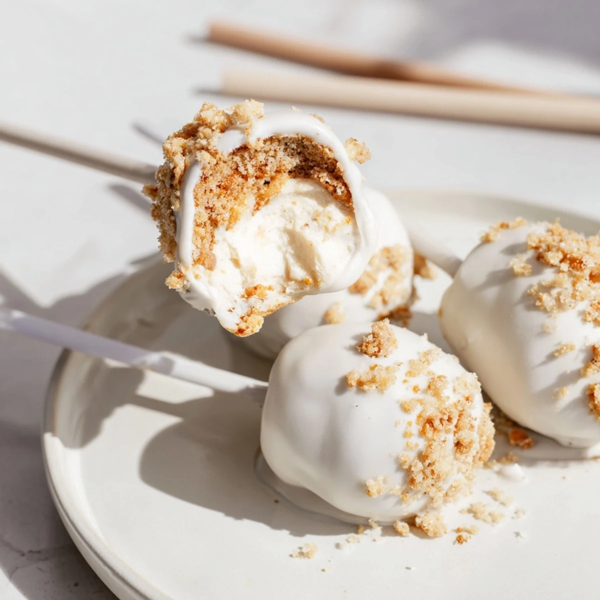Cream Soda Spiced Biscuit Pops coated in white chocolate and vibrant sprinkles.