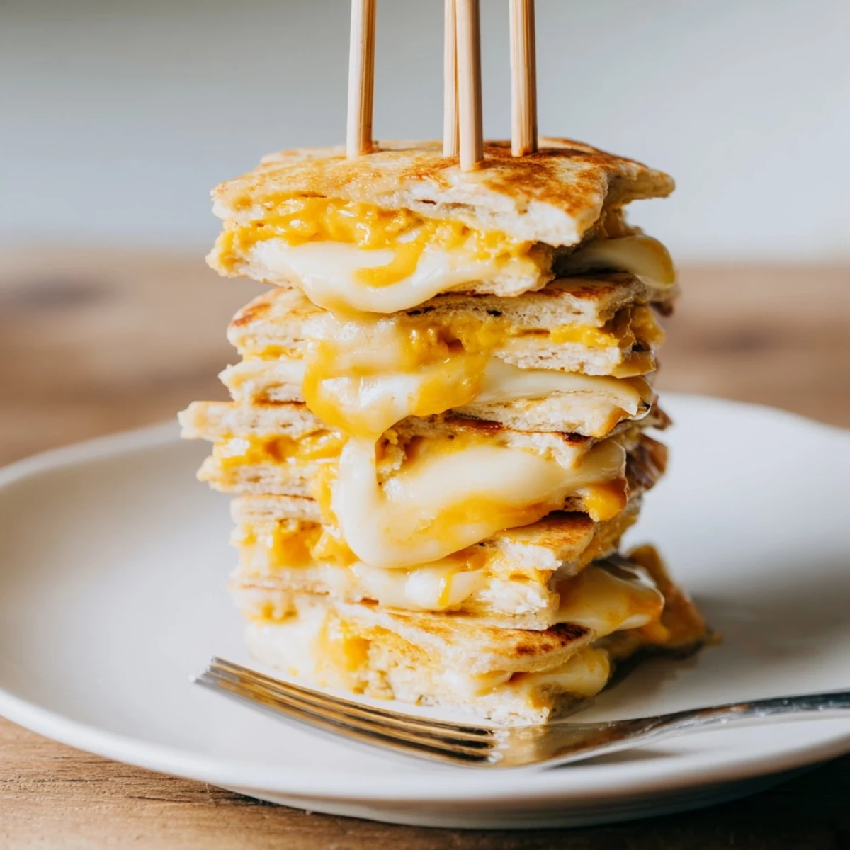 Melted cheese-filled pumpkin pancakes stacked on skewers, perfect for a fun snack.