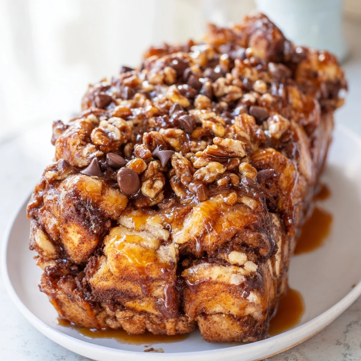 Decadent Special Chaos Cake Monkey Loaf drizzled in sweet glaze, perfect for breakfast sharing.  