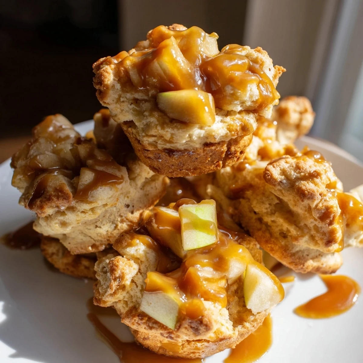 Golden Caramel Apple Butterscotch Drop Biscuits drizzled with warm caramel sauce.