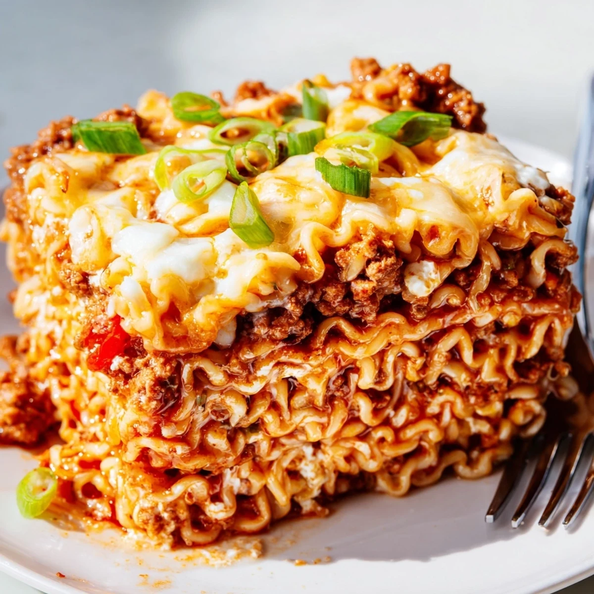 Layers of spicy ramen lasagna with creamy cheese and rich meat sauce await.  