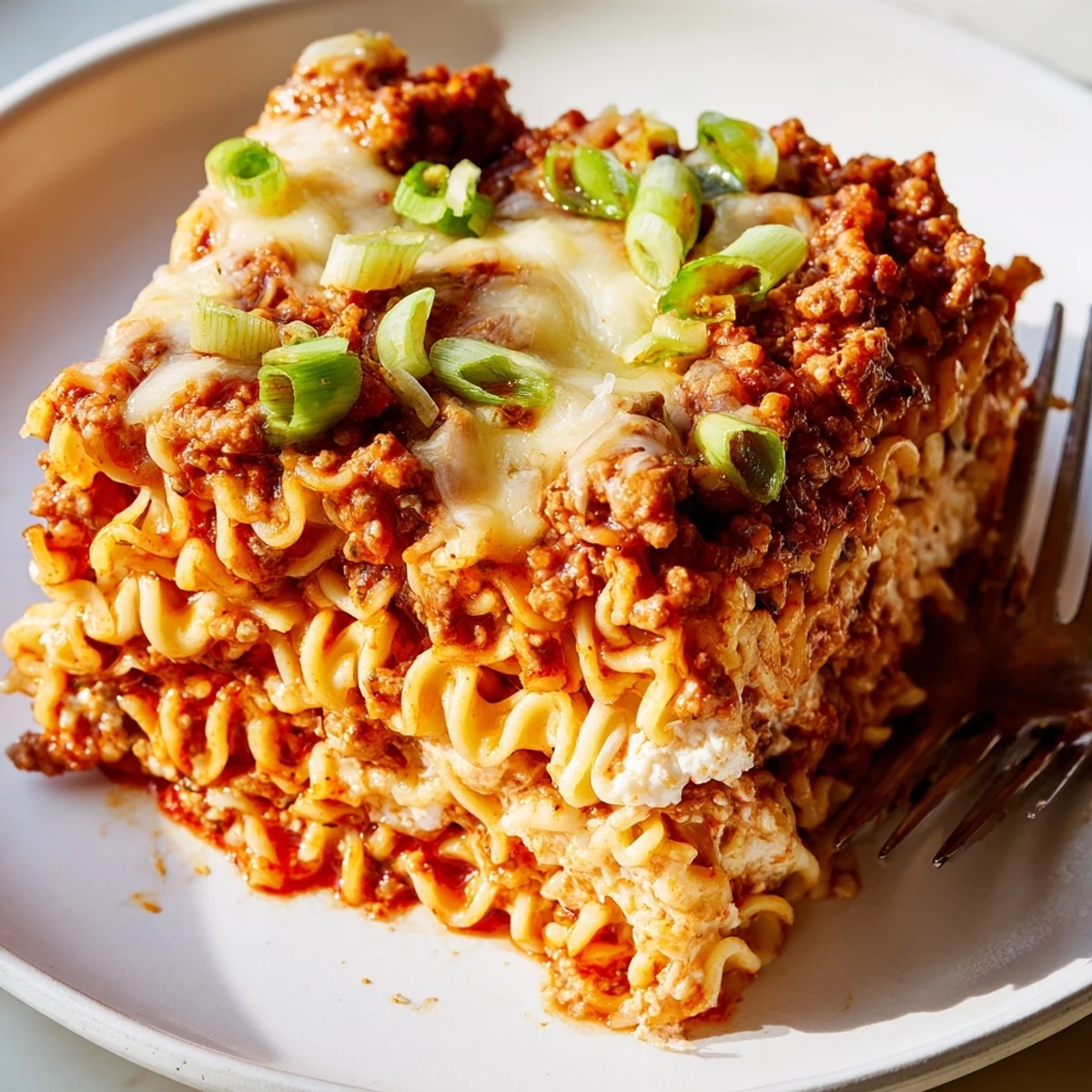 Delicious spicy ramen lasagna showcasing vibrant layers of pork and fresh herbs.