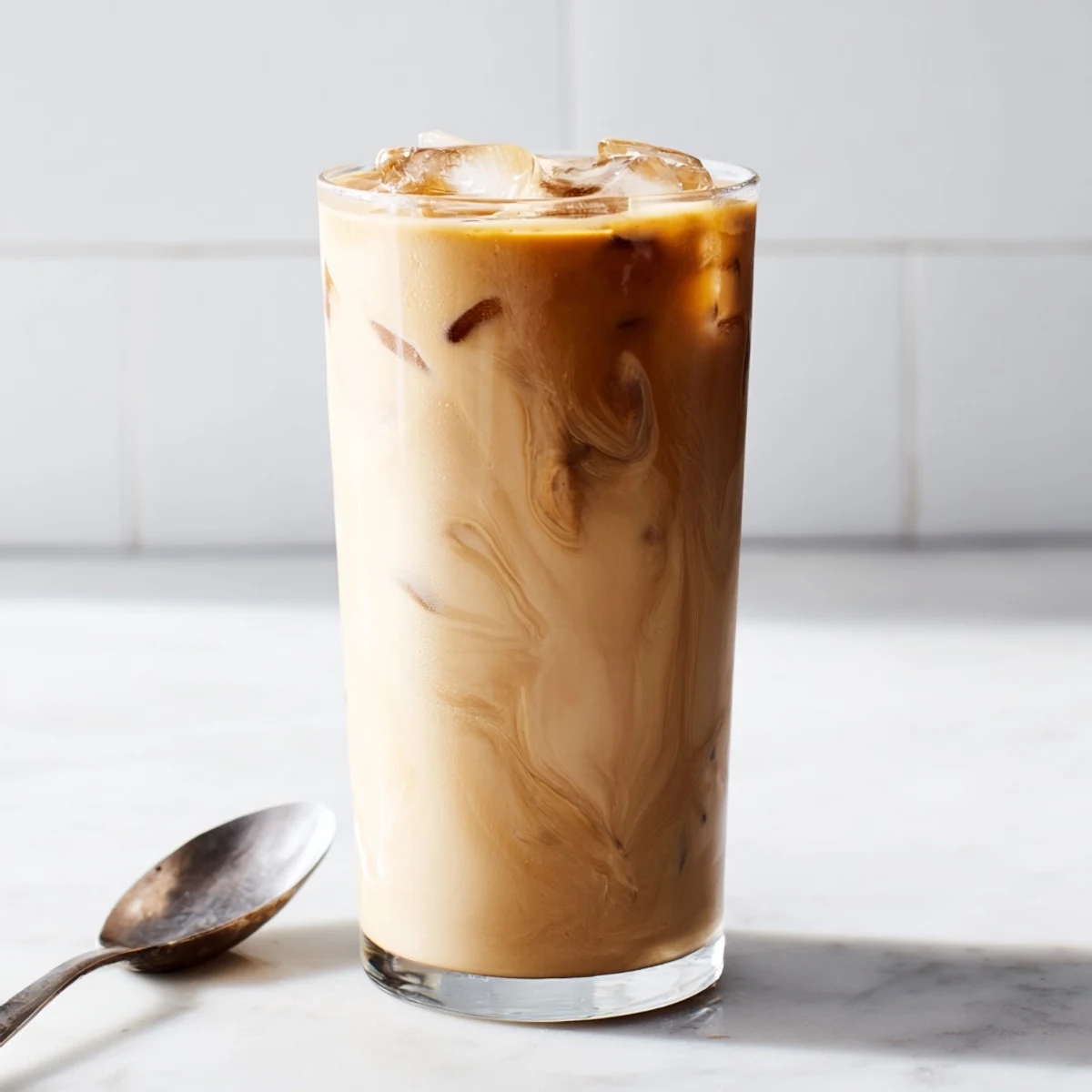 Refreshing beverage featuring iced coffee blended with rich tahini and maple syrup.  