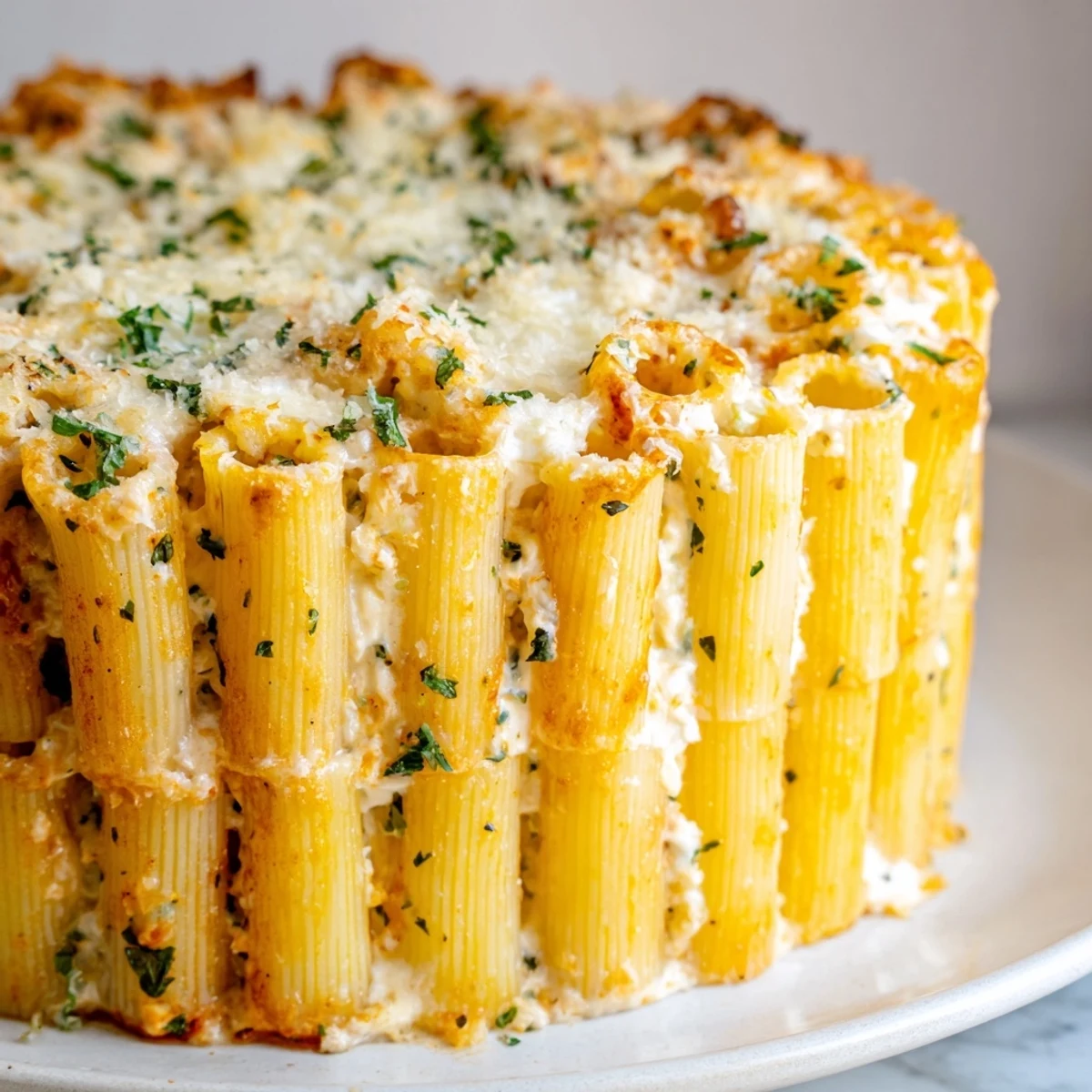 Delicious Honeycomb Pasta Cake topped with gooey melted cheese and fresh parsley garnish.  