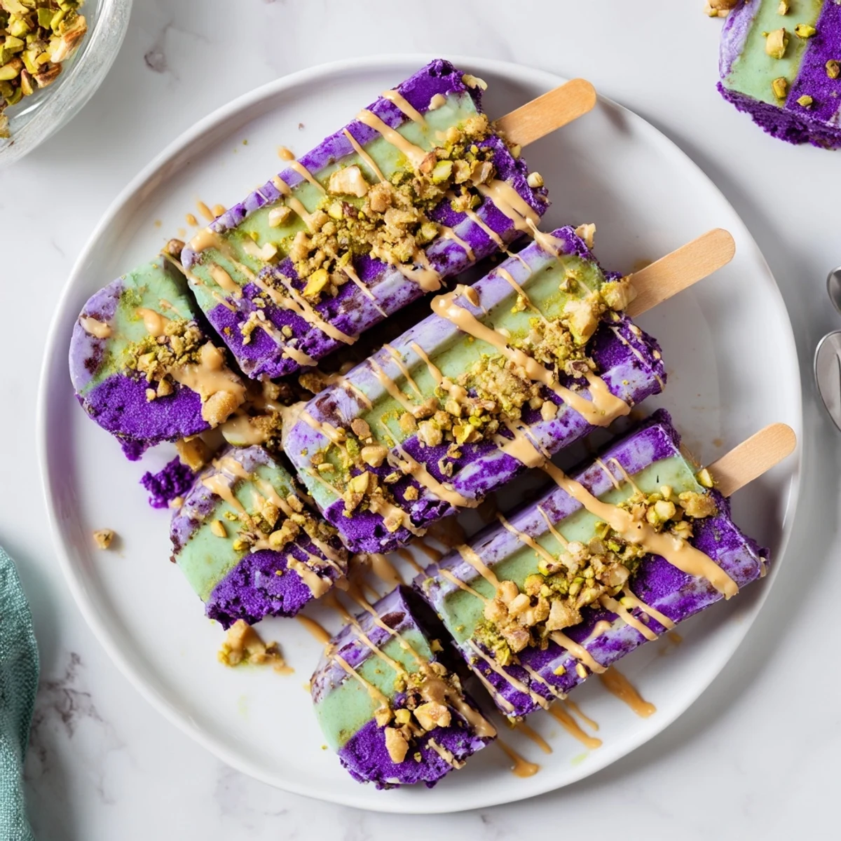 Creamy ube & pistachio ice cream bars with vibrant colors and nutty flavors.  