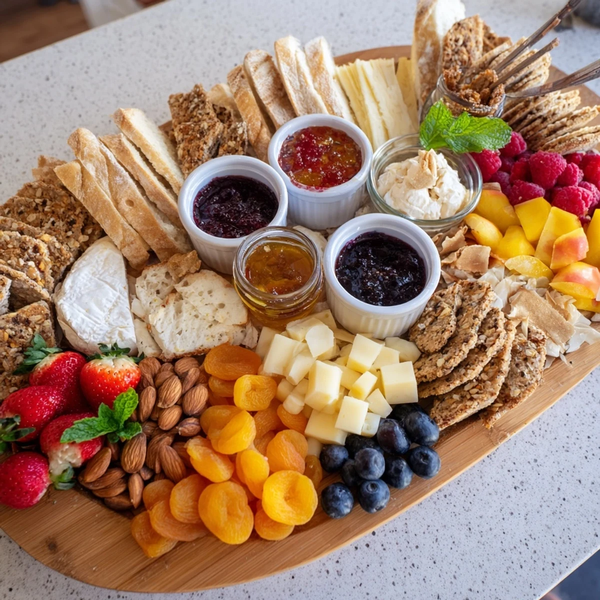 Colorful jam-infused brunch board brimming with sweet jams, goat cheese, and seasonal fruits.  
