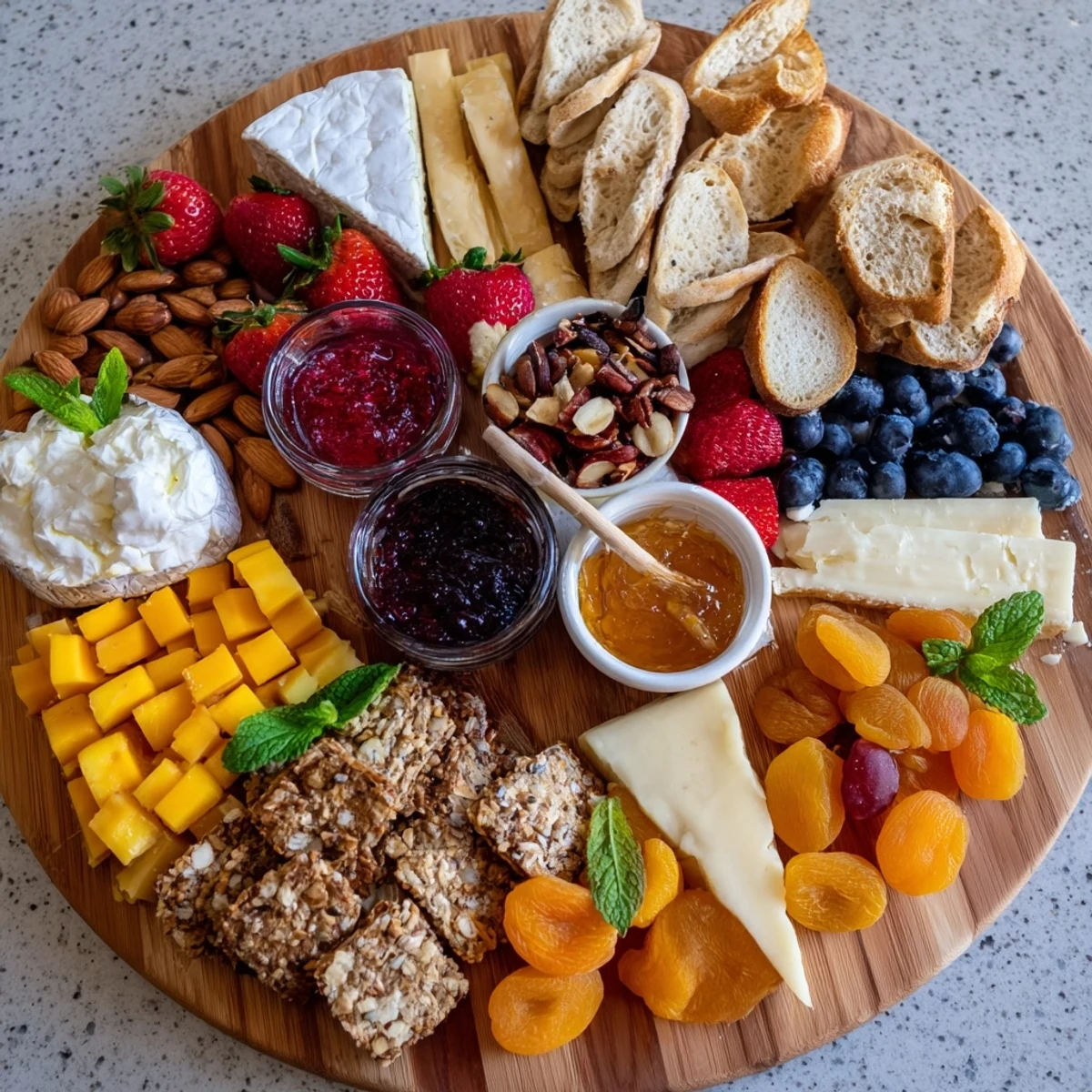 Vibrant jam-infused brunch board with fresh fruits, artisanal cheeses, and crispy breads.  