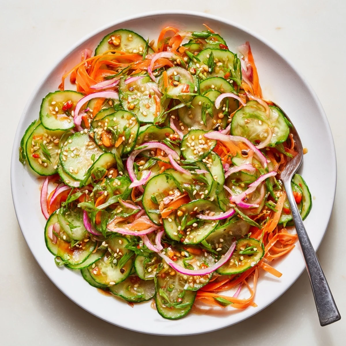 Light and zesty cucumber salad remix, bursting with fresh ingredients and a savory kick.