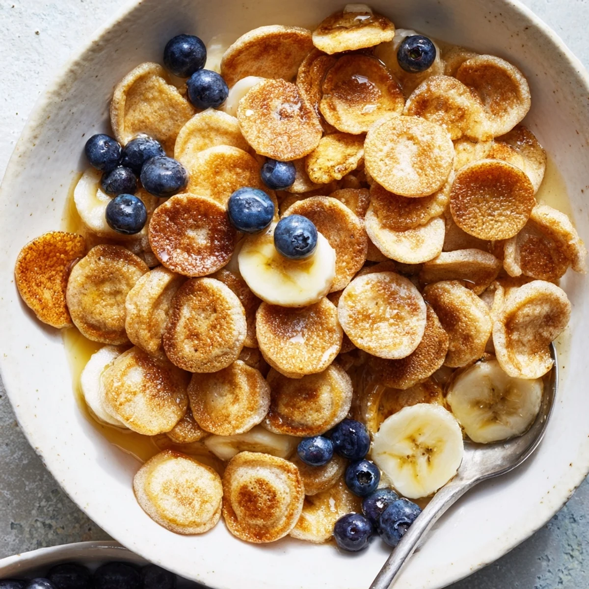 Adorable mini pancake cereal topped with fresh berries and drizzled with syrup. 