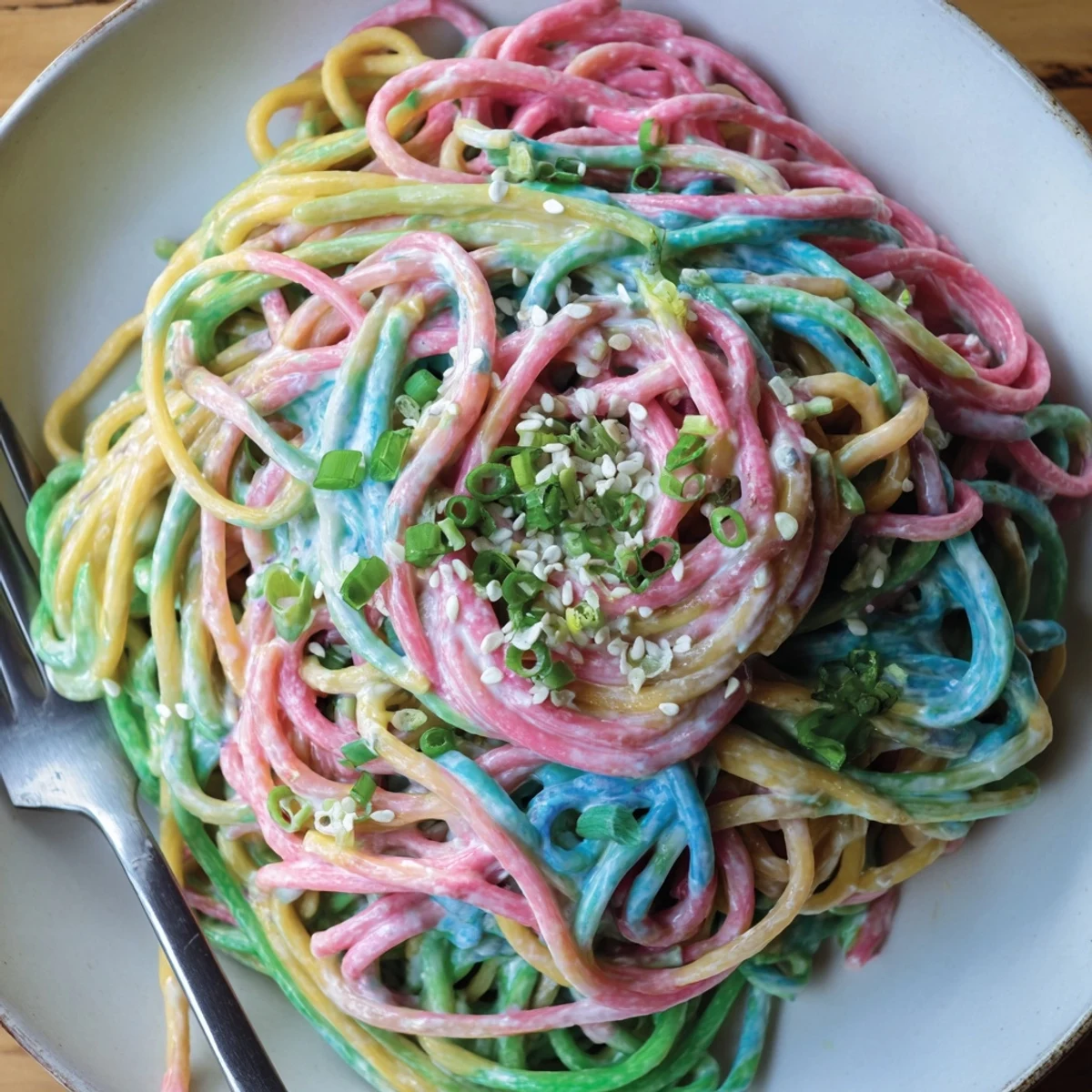 Vibrant Neon Noodle Cloud dish enveloped in a creamy, colorful sauce.