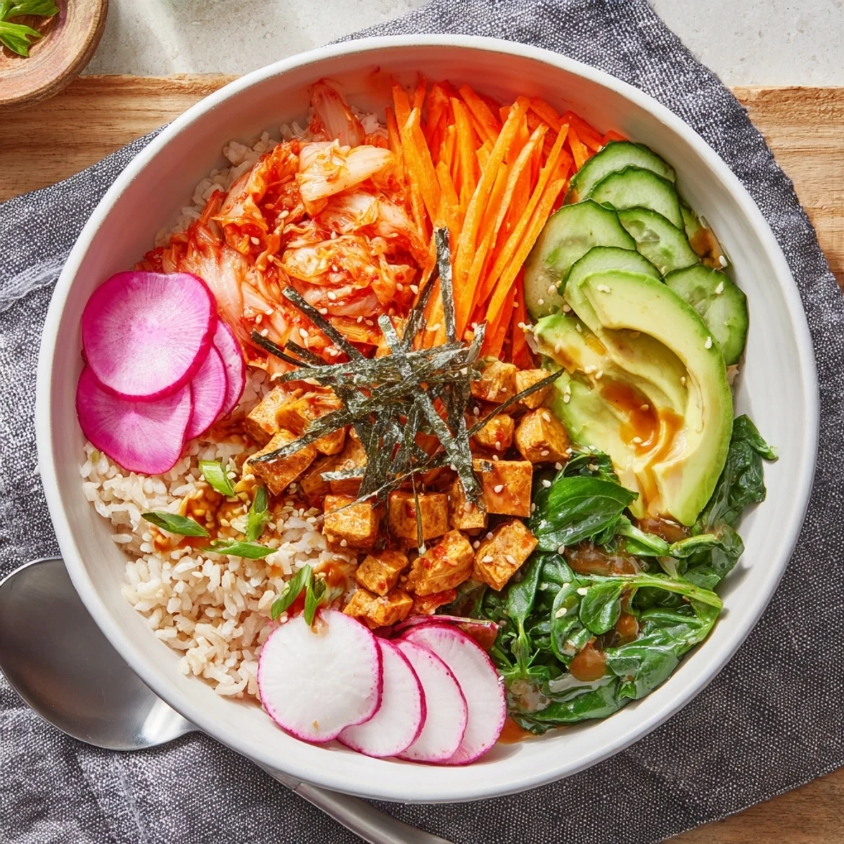Wholesome fermented vegetable bowl topped with tangy kimchi and a drizzle of savory dressing.