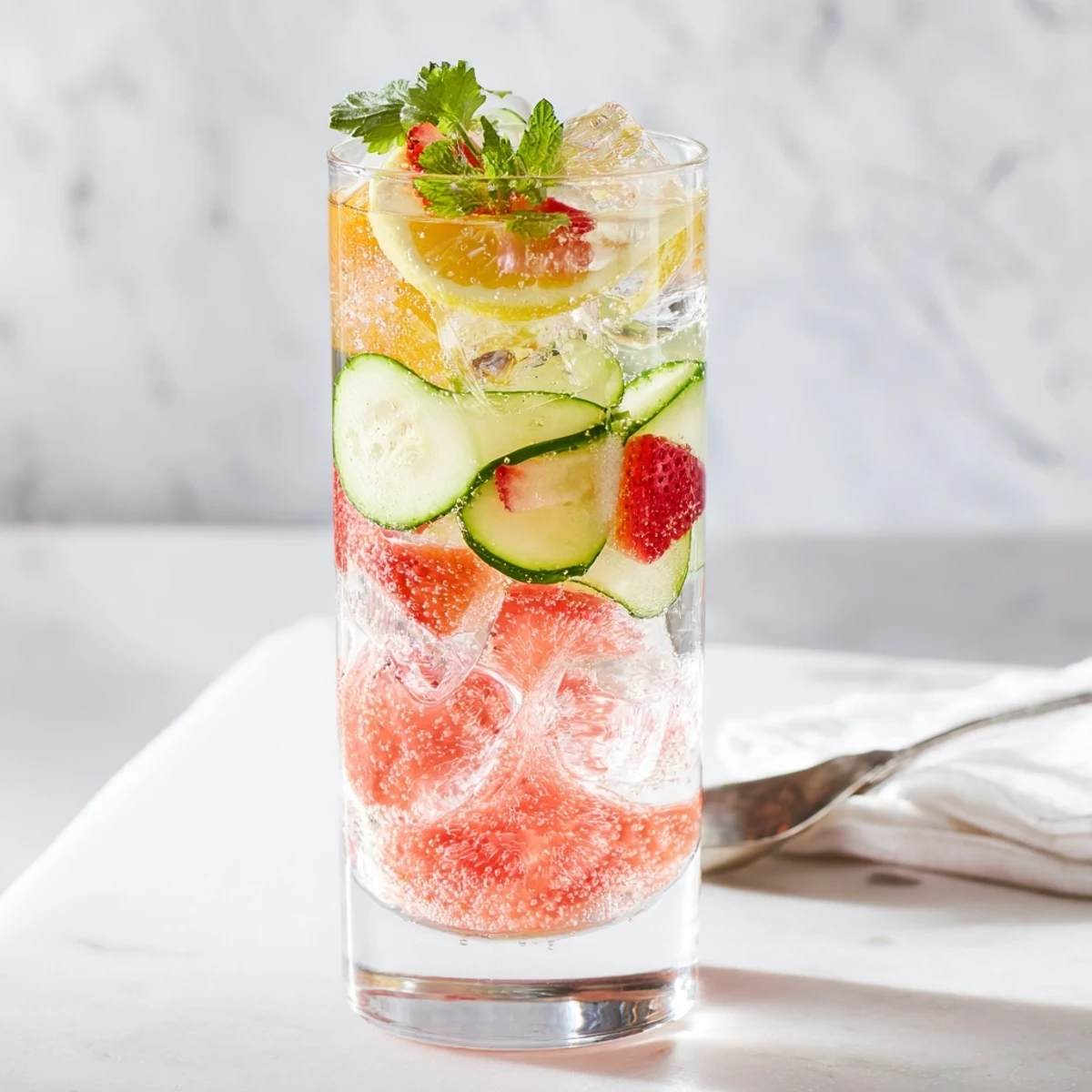 Refreshing Water-Based Mocktails with vibrant fruits and mint garnished beautifully.  