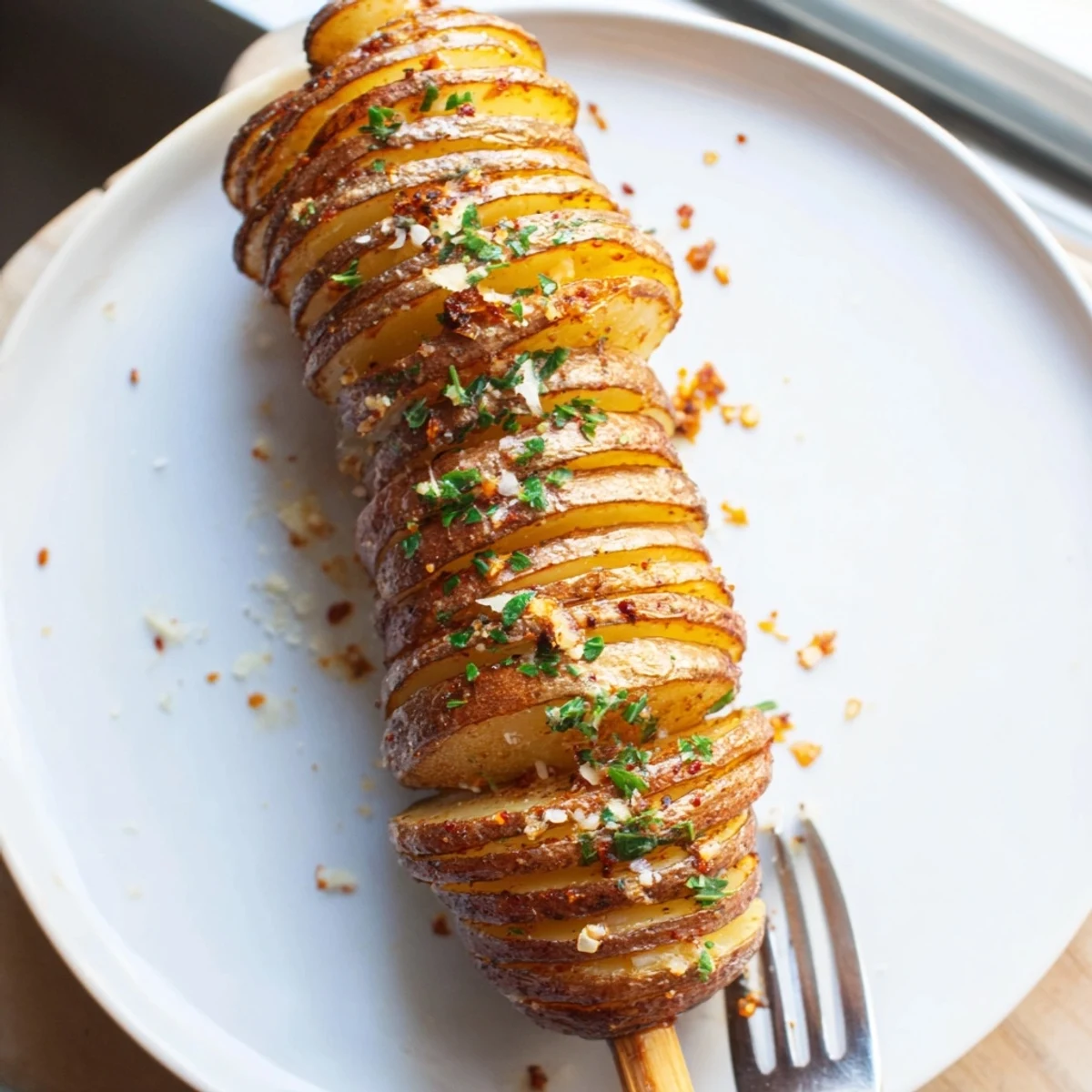 Crispy air-fryer tornado potatoes with vibrant seasonings on skewers.  