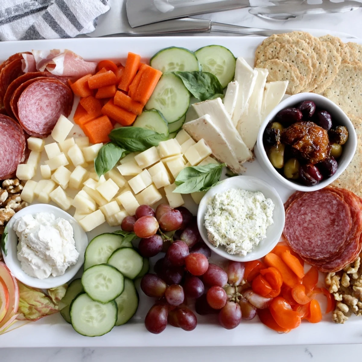 A vibrant Girl Dinner Platter filled with assorted cheeses, fruits, and colorful dips.  