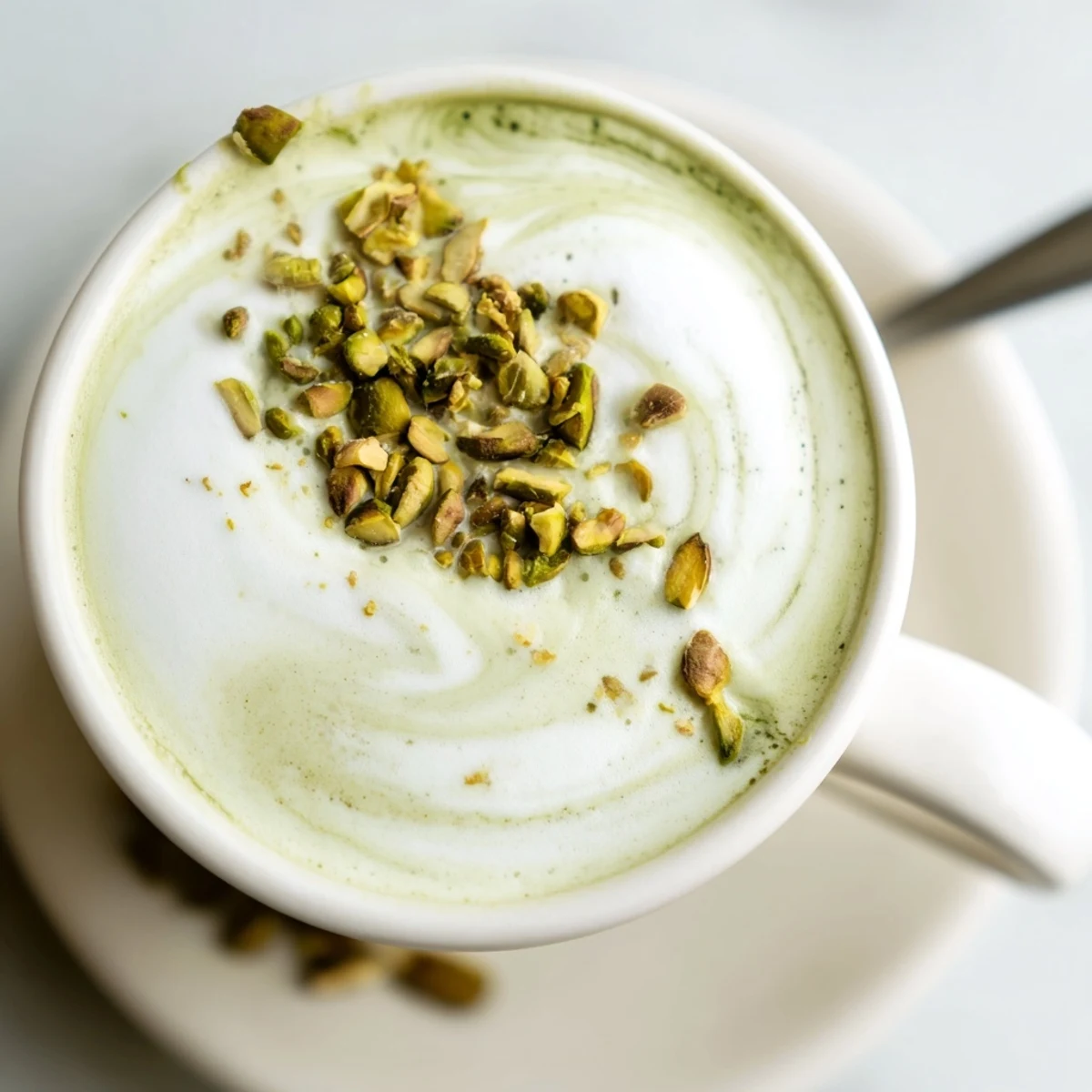 Warm, frothy pistachio milk latte with espresso, perfect for cozy mornings.