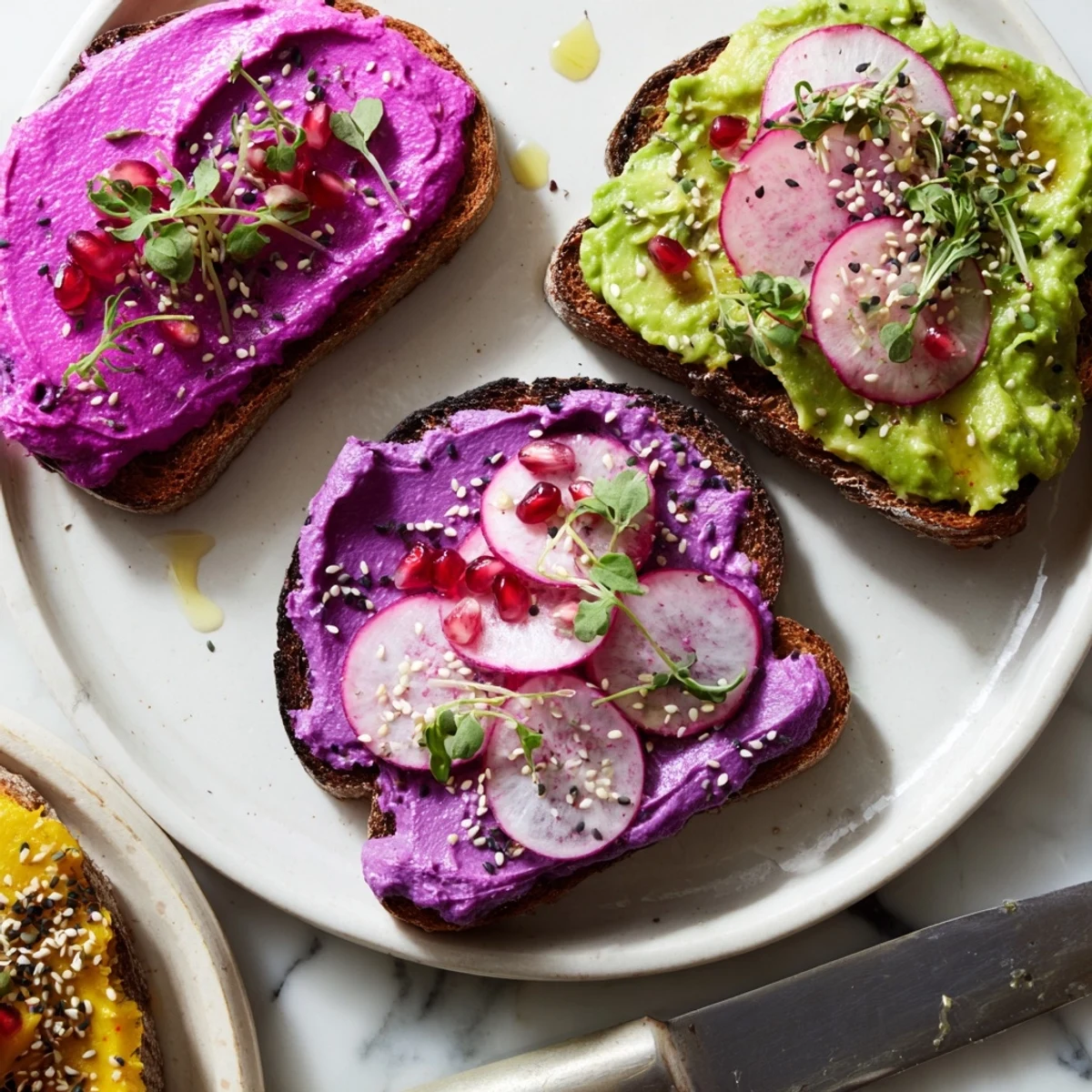 Vibrant breakfast toasts topped with ube spread, avocado, and fresh radishes.  