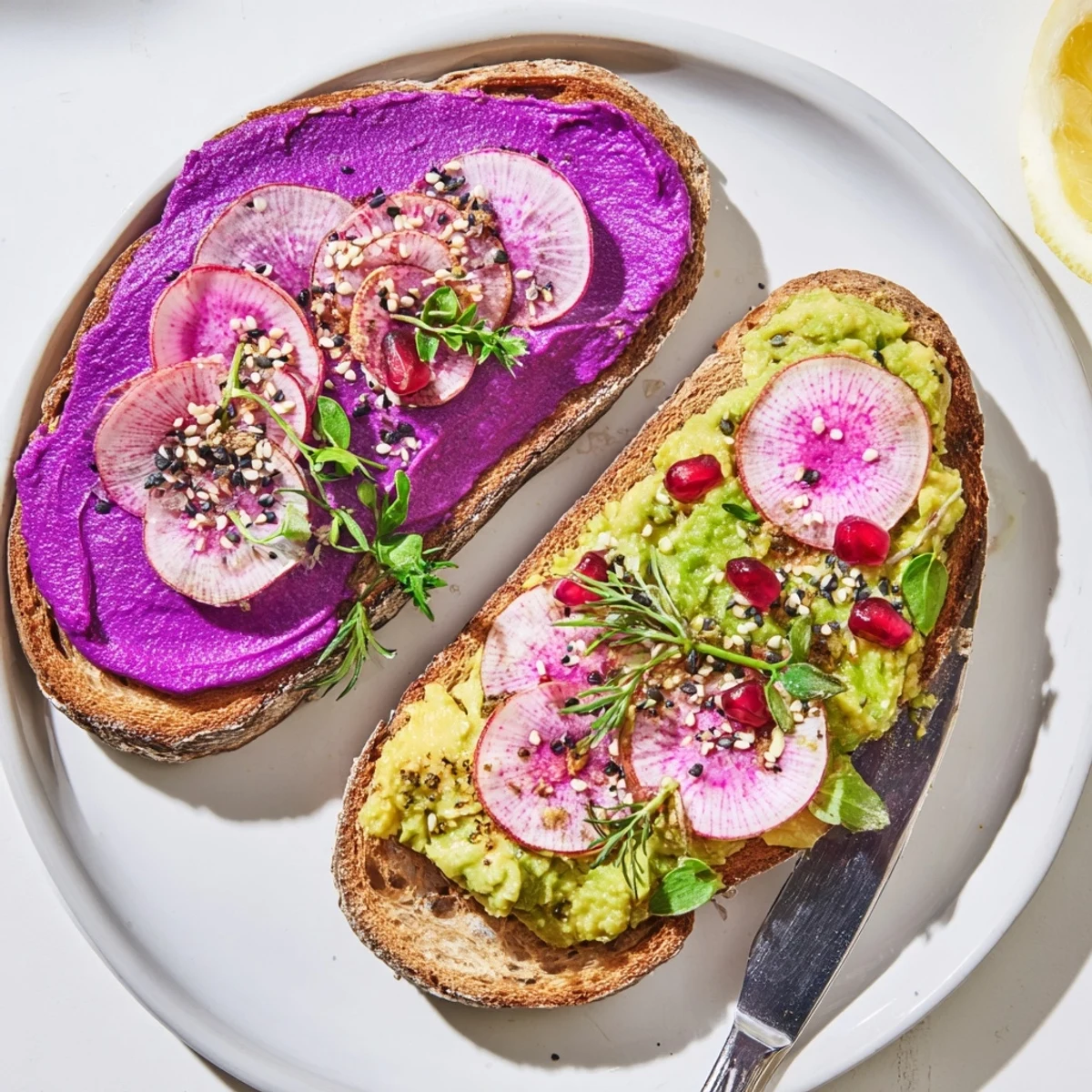 Colorful breakfast toasts featuring creamy ube, avocado, and crunchy pomegranate seeds.  