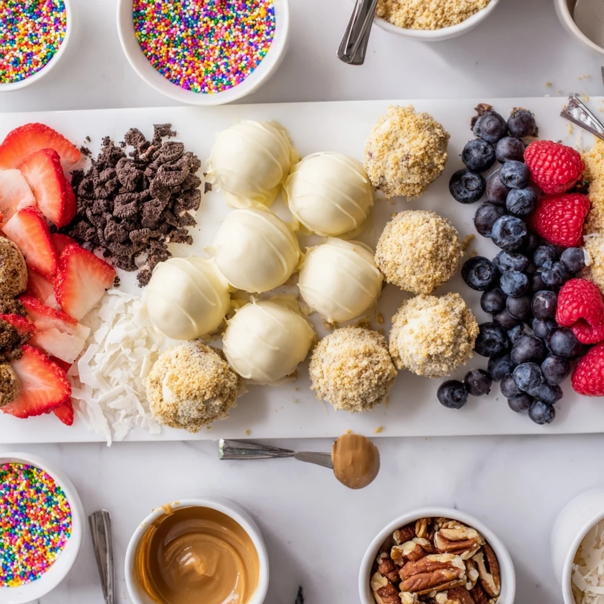 Deconstructed dessert board showcasing cheesecake bites with fresh fruit toppings  