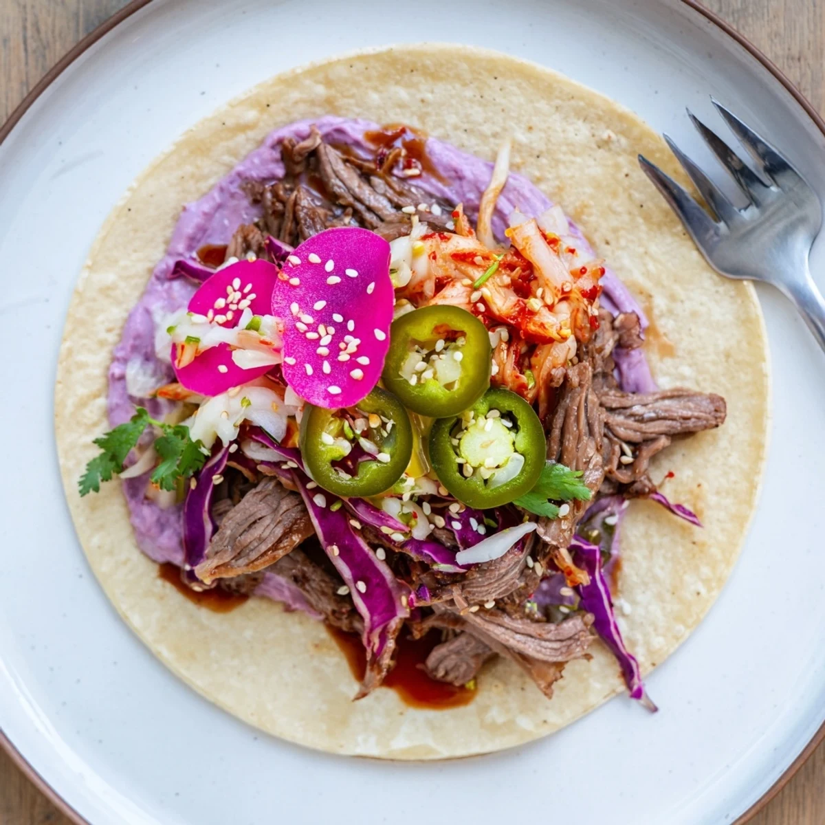 Colorful Global Street-Food Fusion Tacos topped with ube crema and fresh veggies.  