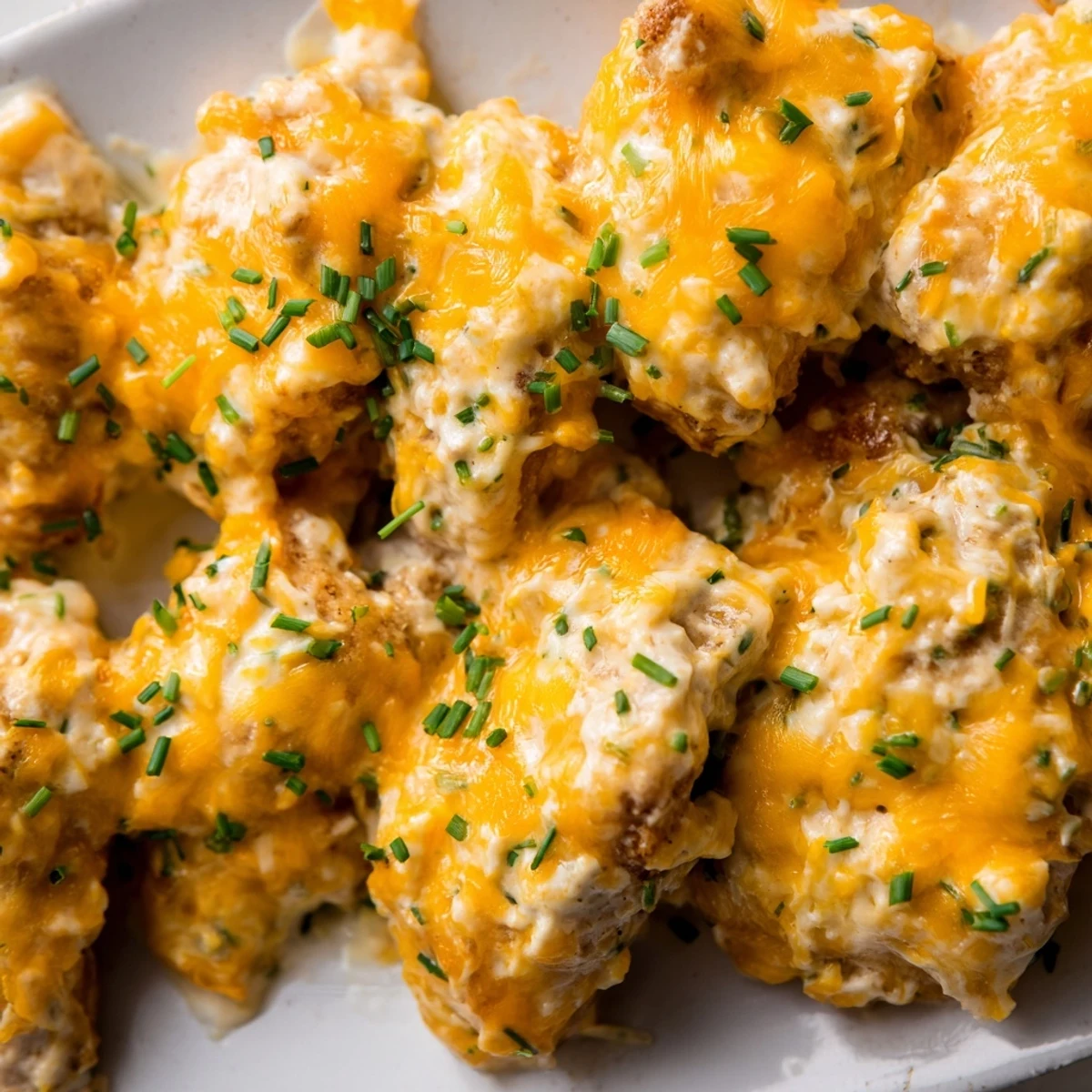Golden Cheddar Ranch Chicken Bake, drizzled with creamy ranch dressing, fresh herbs on top.  