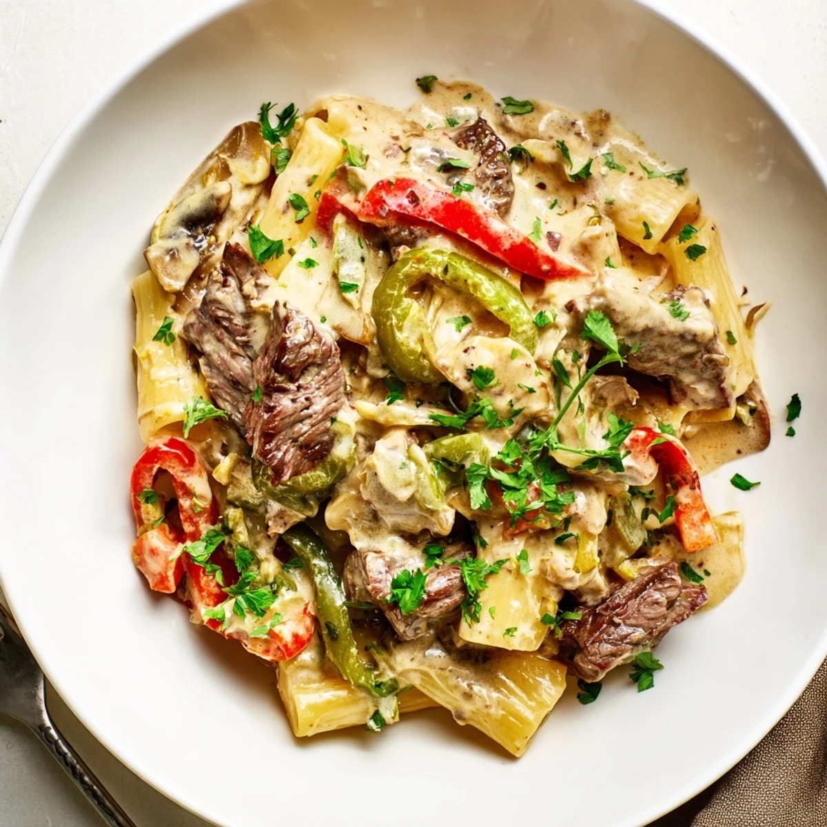Creamy Philly cheese steak pasta topped with sautéed peppers and melted cheese.  