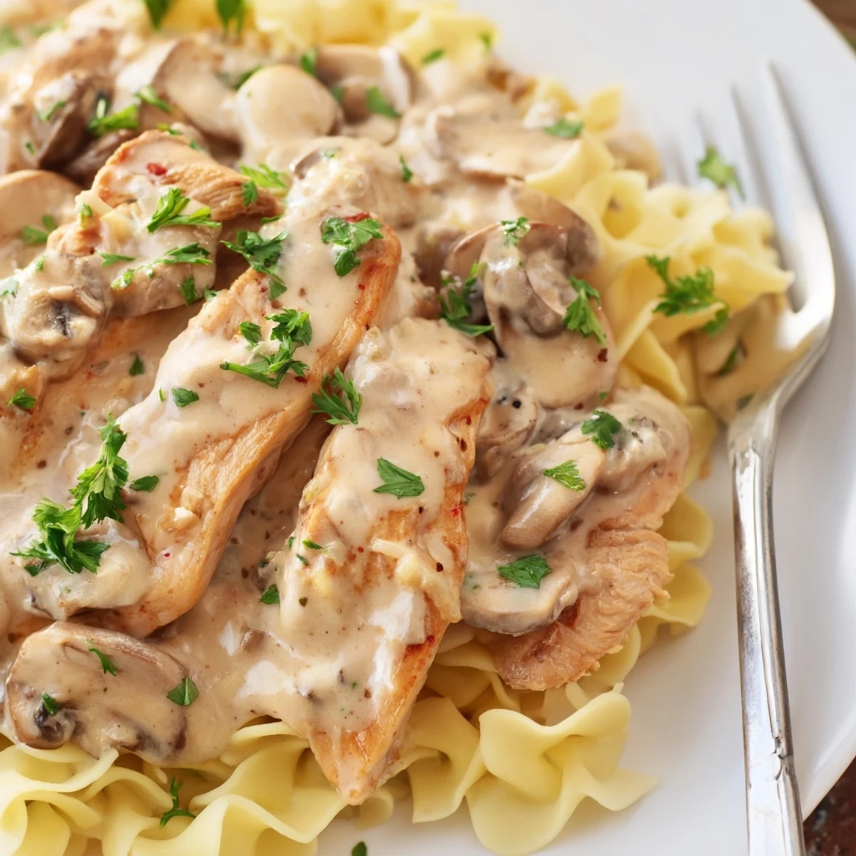Creamy Chicken Stroganoff served over tender egg noodles, topped with fresh parsley.  