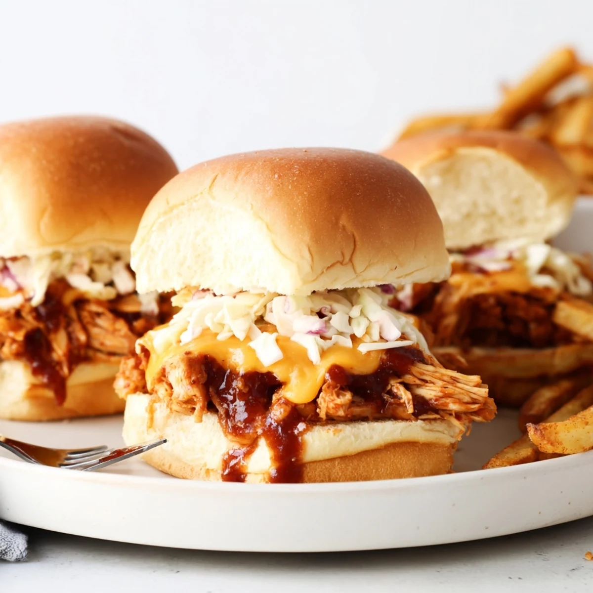 Juicy BBQ Chicken Sliders piled high on fluffy buns with crispy fries on the side.  
