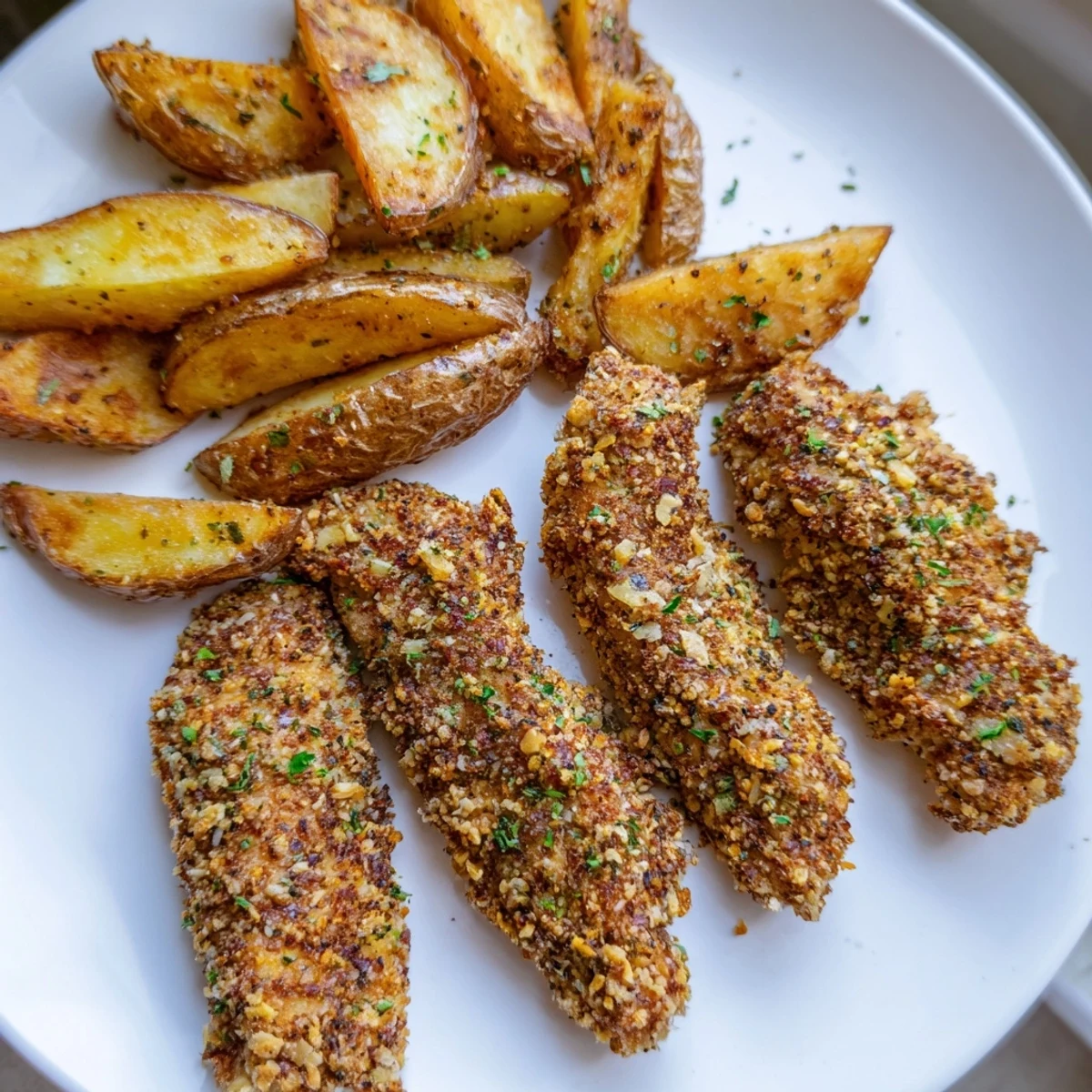Golden, crispy herbed chicken tenders alongside rustic potato wedges, a satisfying American meal.