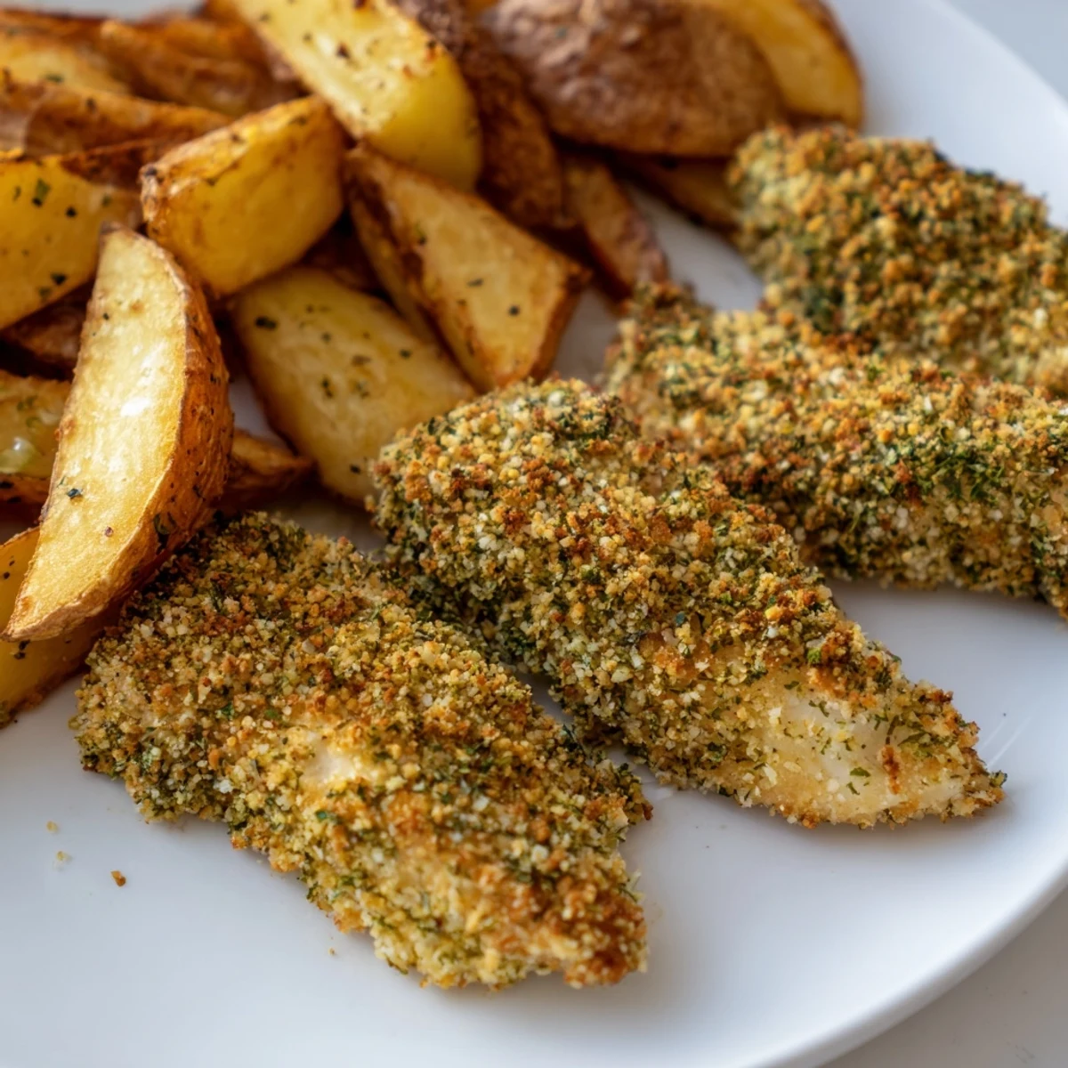Family-friendly herbed chicken tenders with crispy potato wedges, garnished with fresh parsley for a delightful dinner.