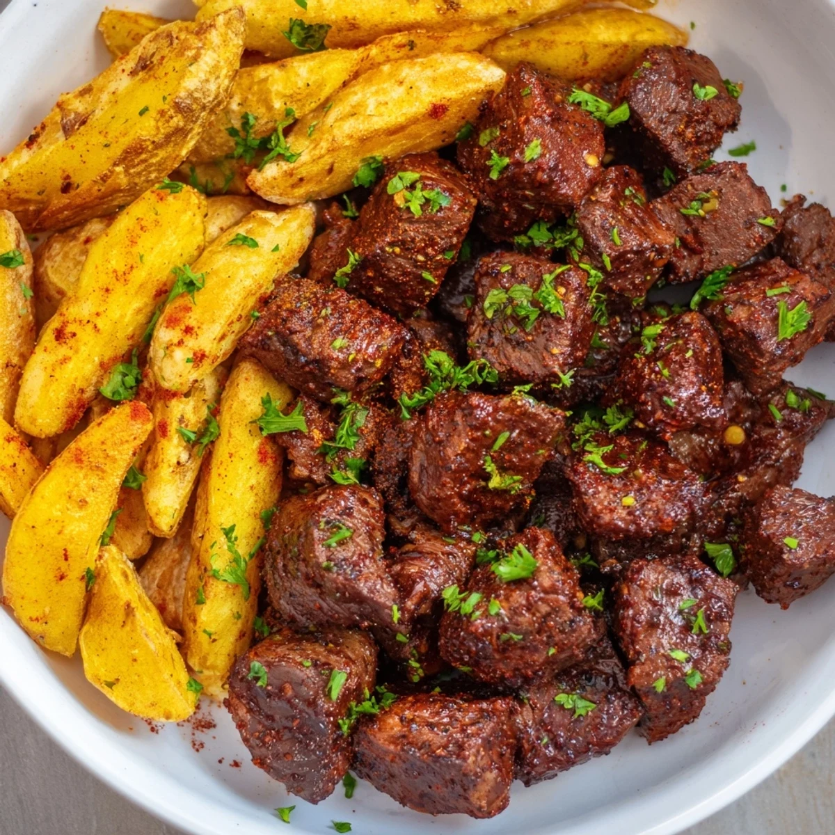 Blackened Cajun steak bites with perfectly golden fries, a flavorful main course perfect for sharing.