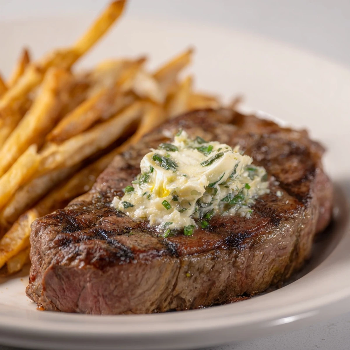 Juicy Steakhouse Garlic Butter Steak & Fries, seared to perfection beside a pile of golden, crispy fries.