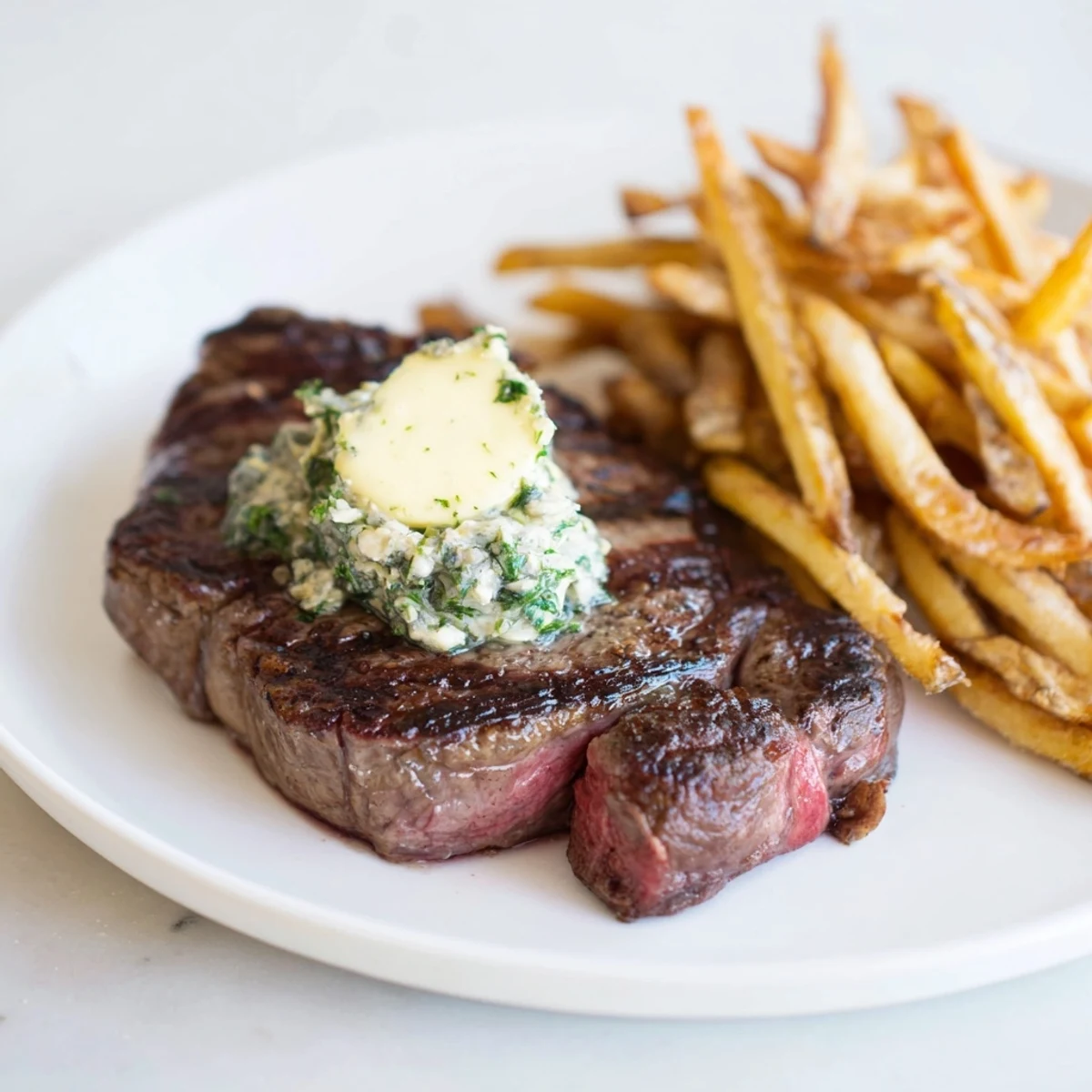 A mouthwatering plate of Steakhouse Garlic Butter Steak & Fries, with melting garlic butter glistening over the steak.