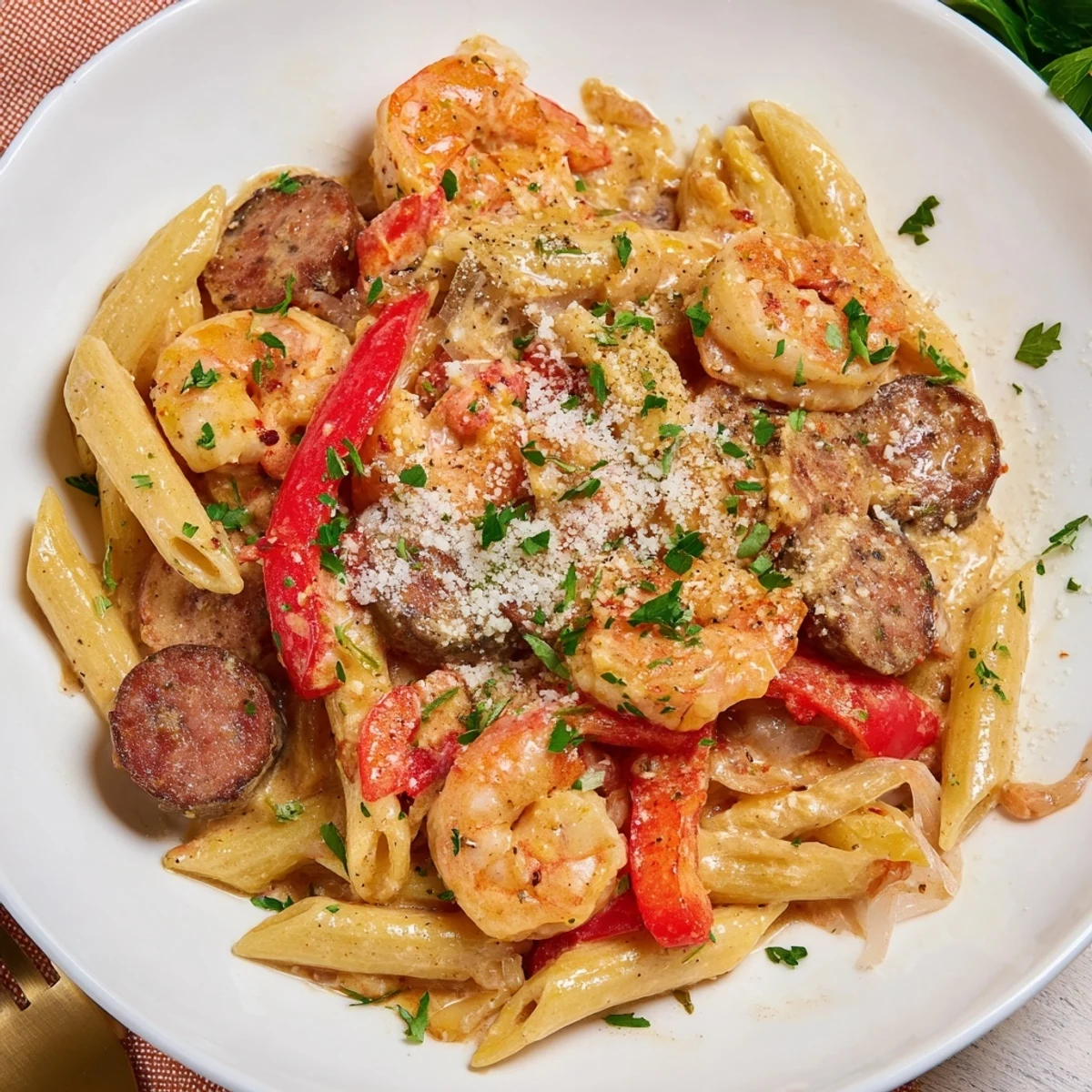 Cajun Sausage & Shrimp Alfredo Pasta skillet with juicy shrimp and smoky sausage in creamy sauce.