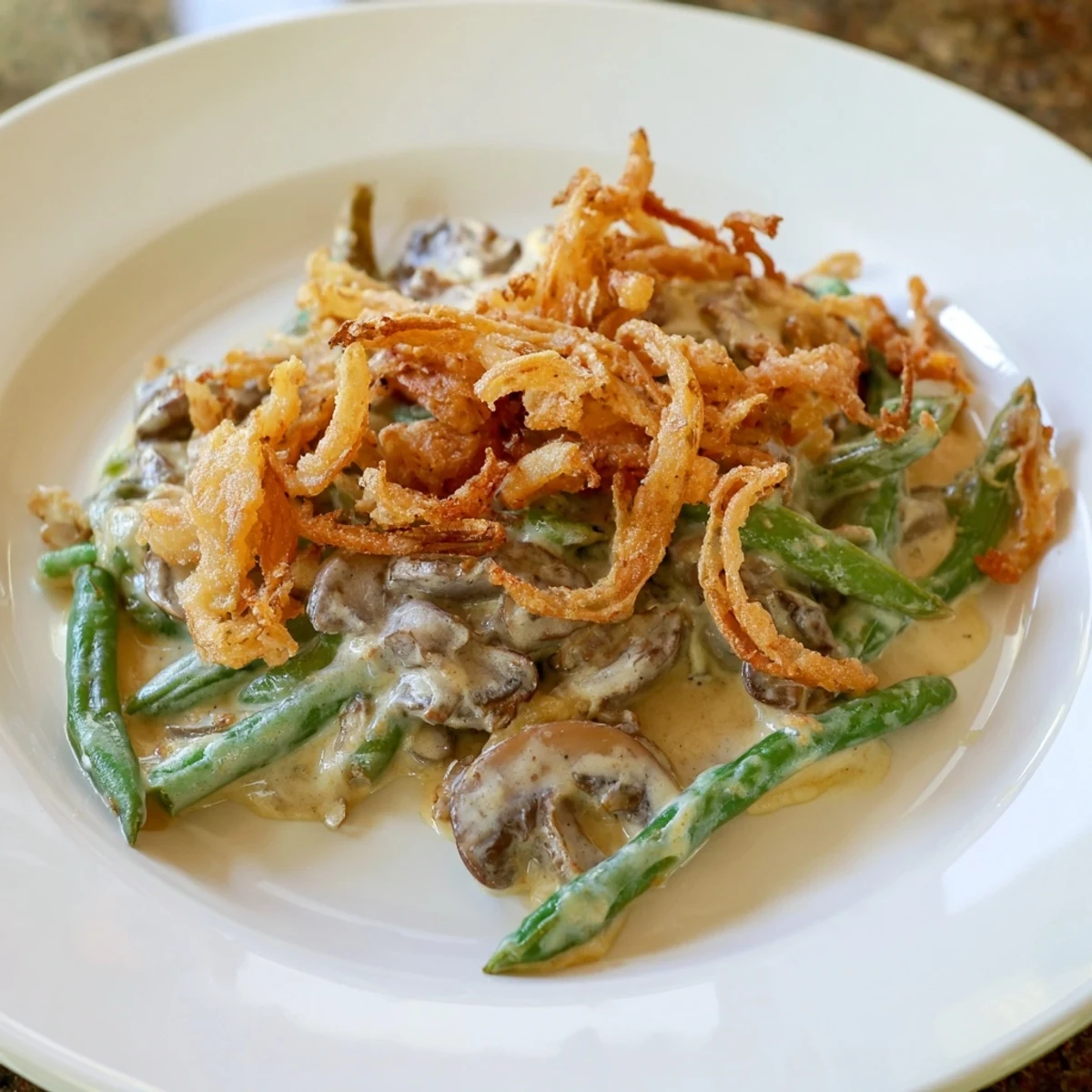 Warm, creamy Old-School Green Bean Casserole, a comforting side dish with tender green beans.
