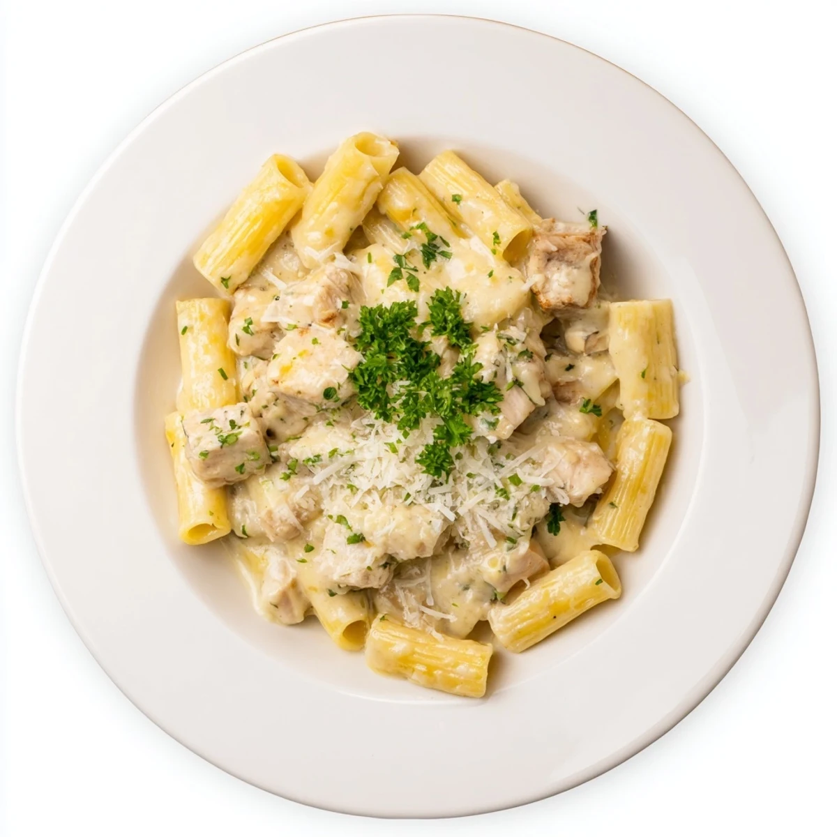Creamy Garlic Parmesan Chicken Rigatoni with golden chicken and rich, bubbling, white sauce.