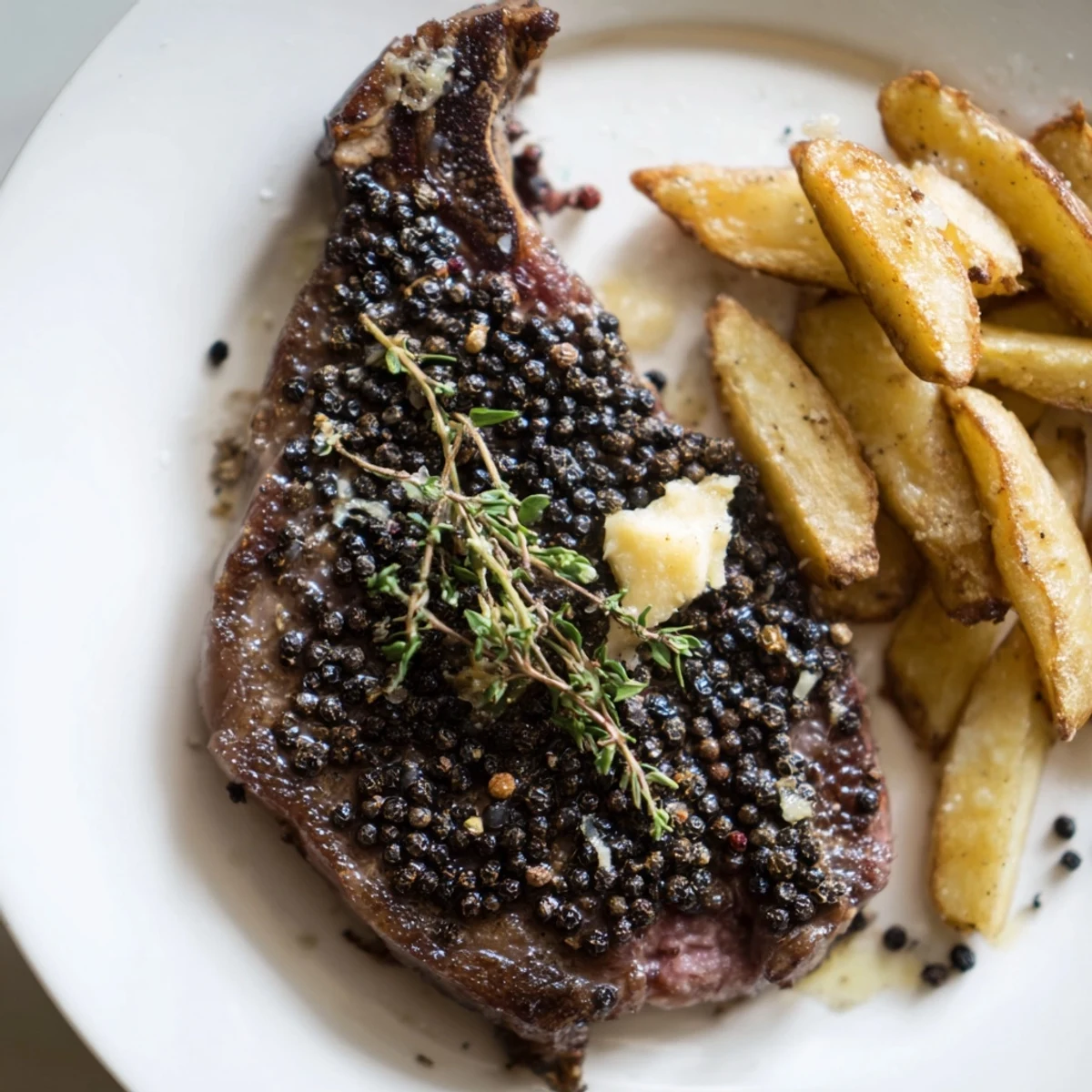 A close-up of a perfectly seared Classic Peppercorn Ribeye, glistening and ready to cut.