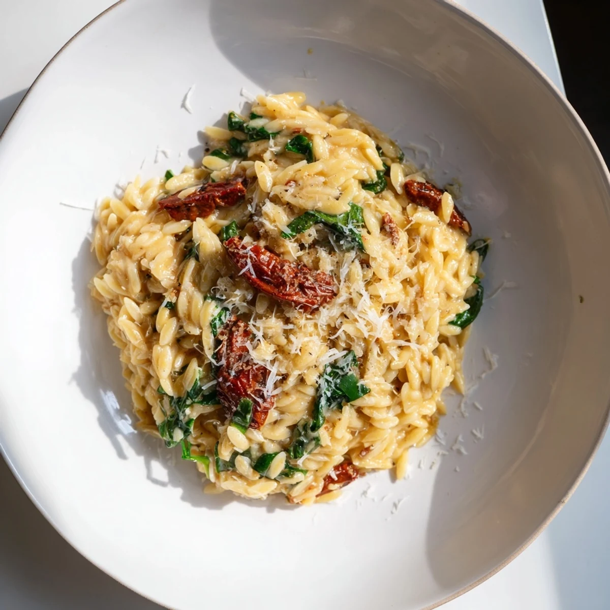 A close-up of a steaming Creamy Tuscan Orzo Bowl, inviting with visible creamy garlic sauce.