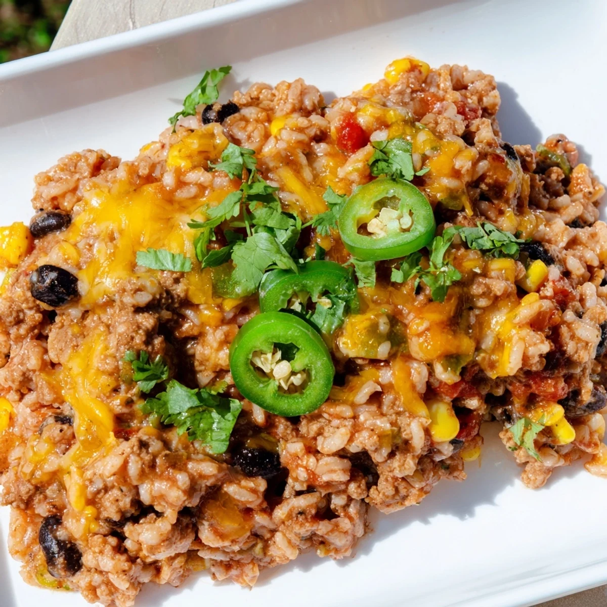 Steaming Tex-Mex Beef & Rice Casserole, topped with melted cheese, offers a warm, savory aroma, ready to be served.