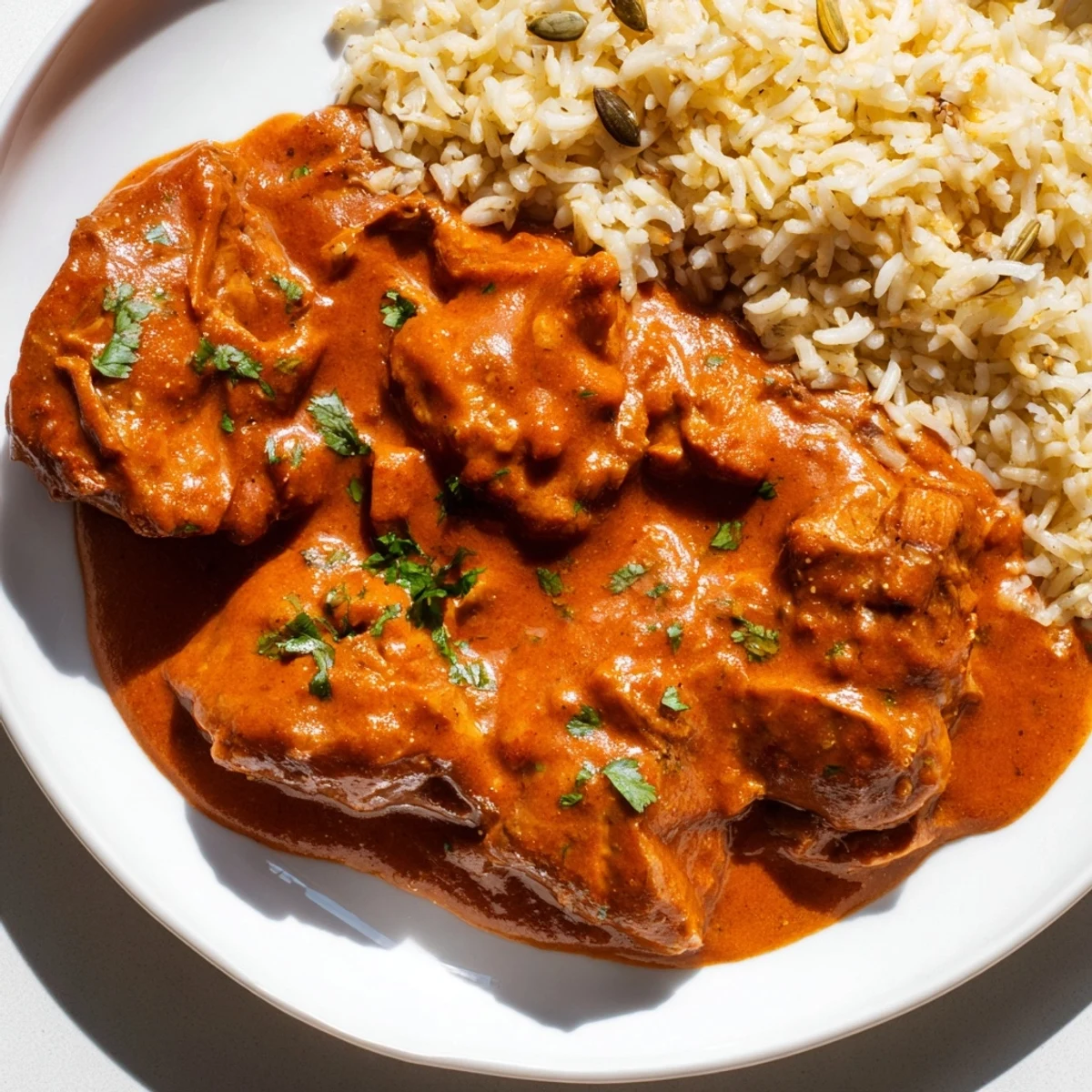 Butter Chicken, creamy tomato sauce over tender chicken, served alongside fragrant rice pilaf.