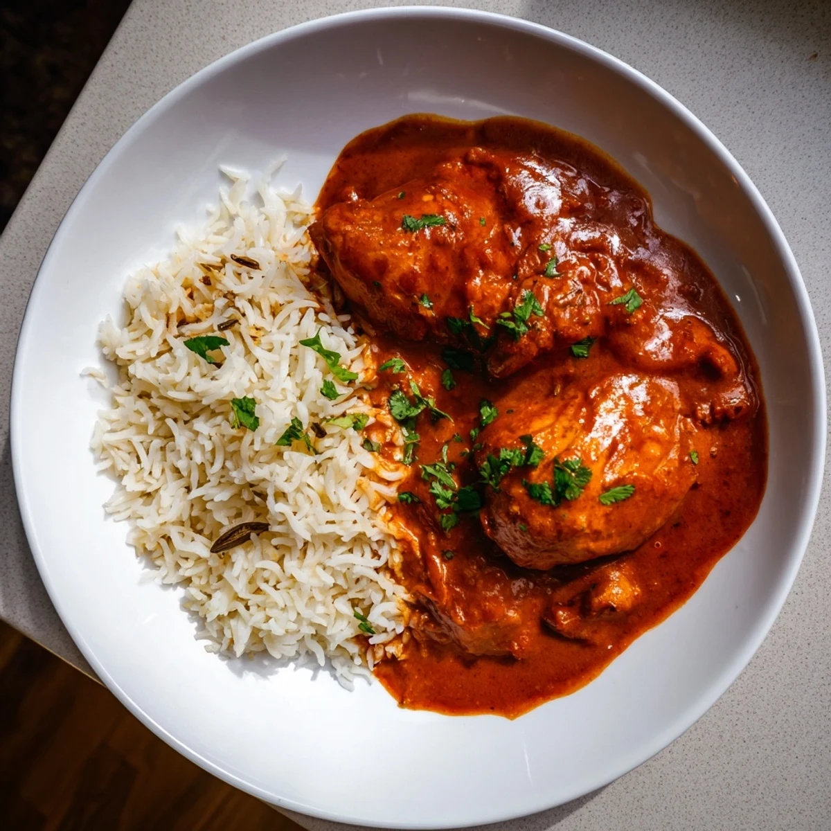 A colorful plate of Butter Chicken, a rich curry dish with fresh cilantro and fluffy rice.