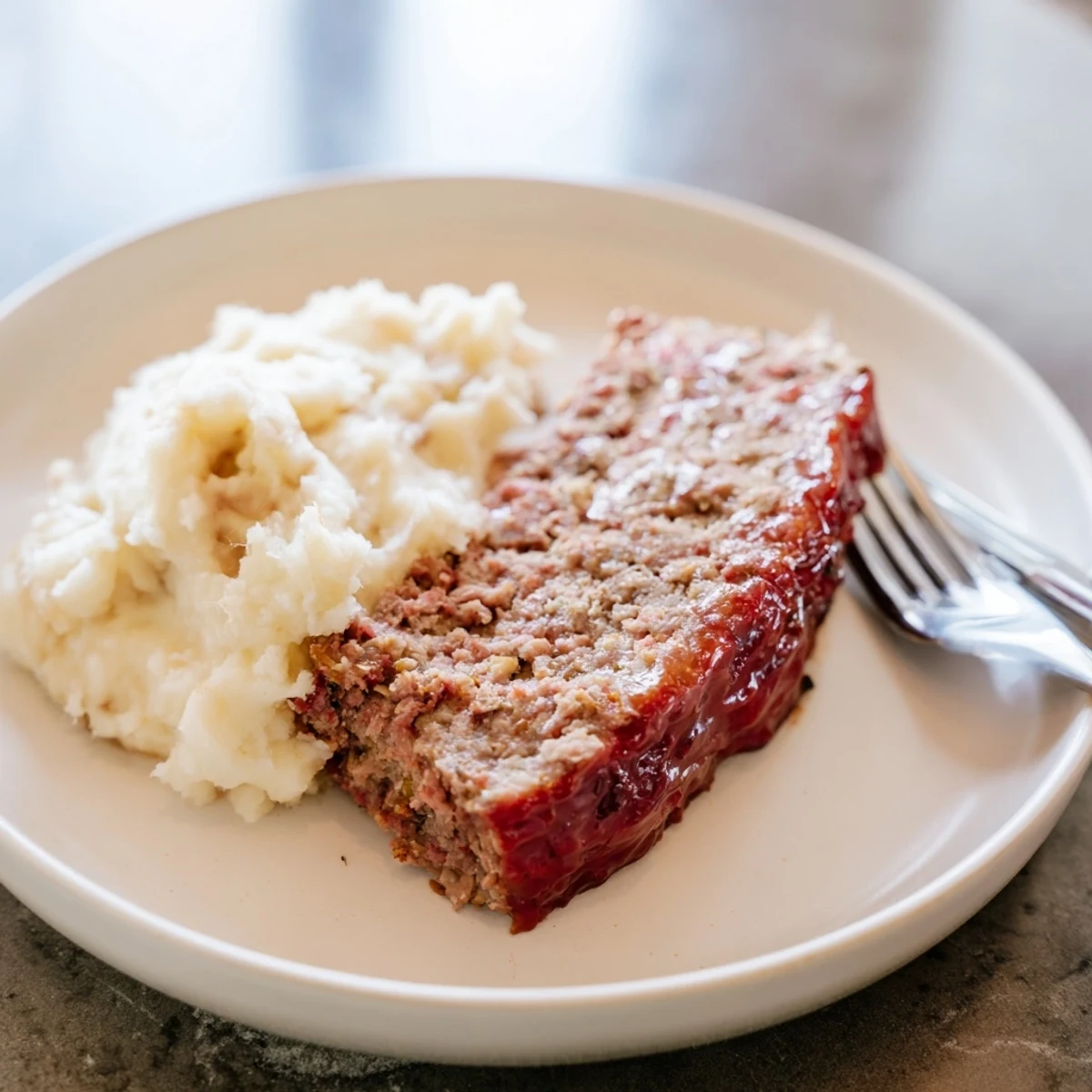 A close-up of a hearty slice of Classic Meatloaf & Mashed Potatoes, with rich brown gravy.